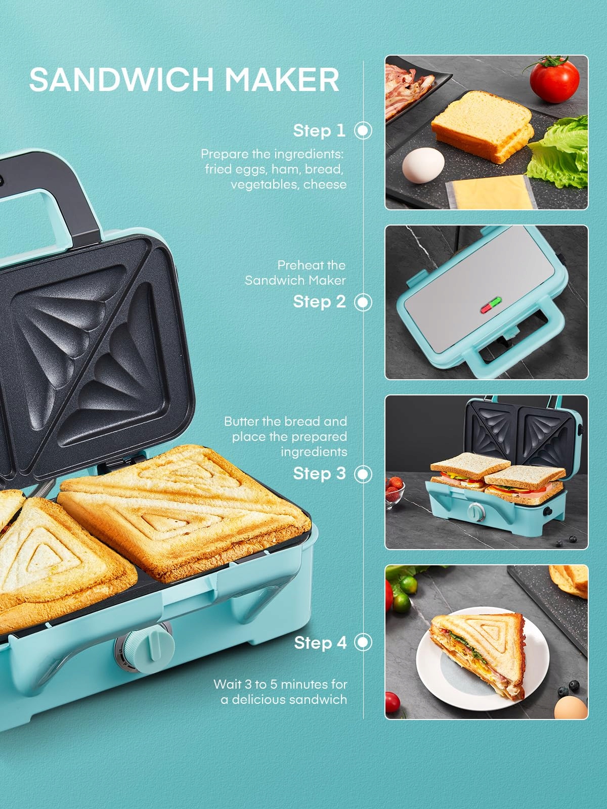 FOHERE Opiekacz 3w1 1200W Gofrownica Grill Kanapki Niebieski — miniatura 9