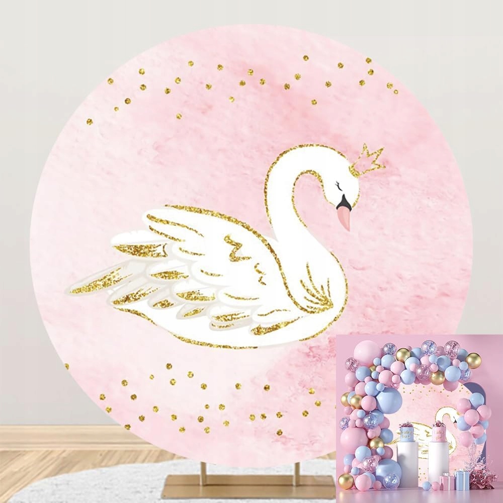 Renaiss 2,3x2,3 m zlatý brokát bílá labuť kulaté pozadí zlaté tečky růžové