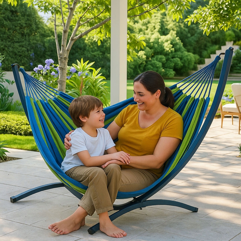 Zeleno-modrá záhradná hojdacia sieť s dvojmiestnym roštom 200x120