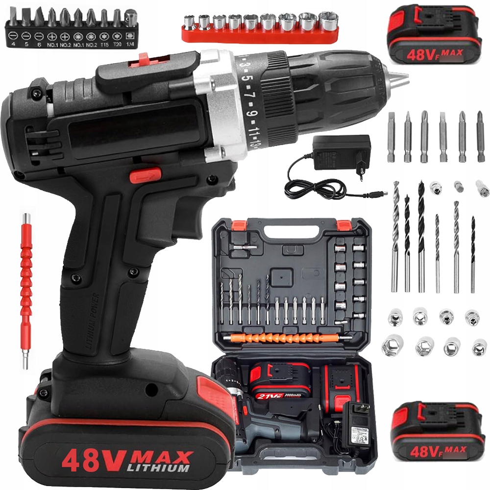 Příklepová Aku Vrtačka Kufr 2XAKU 48V Nástavce