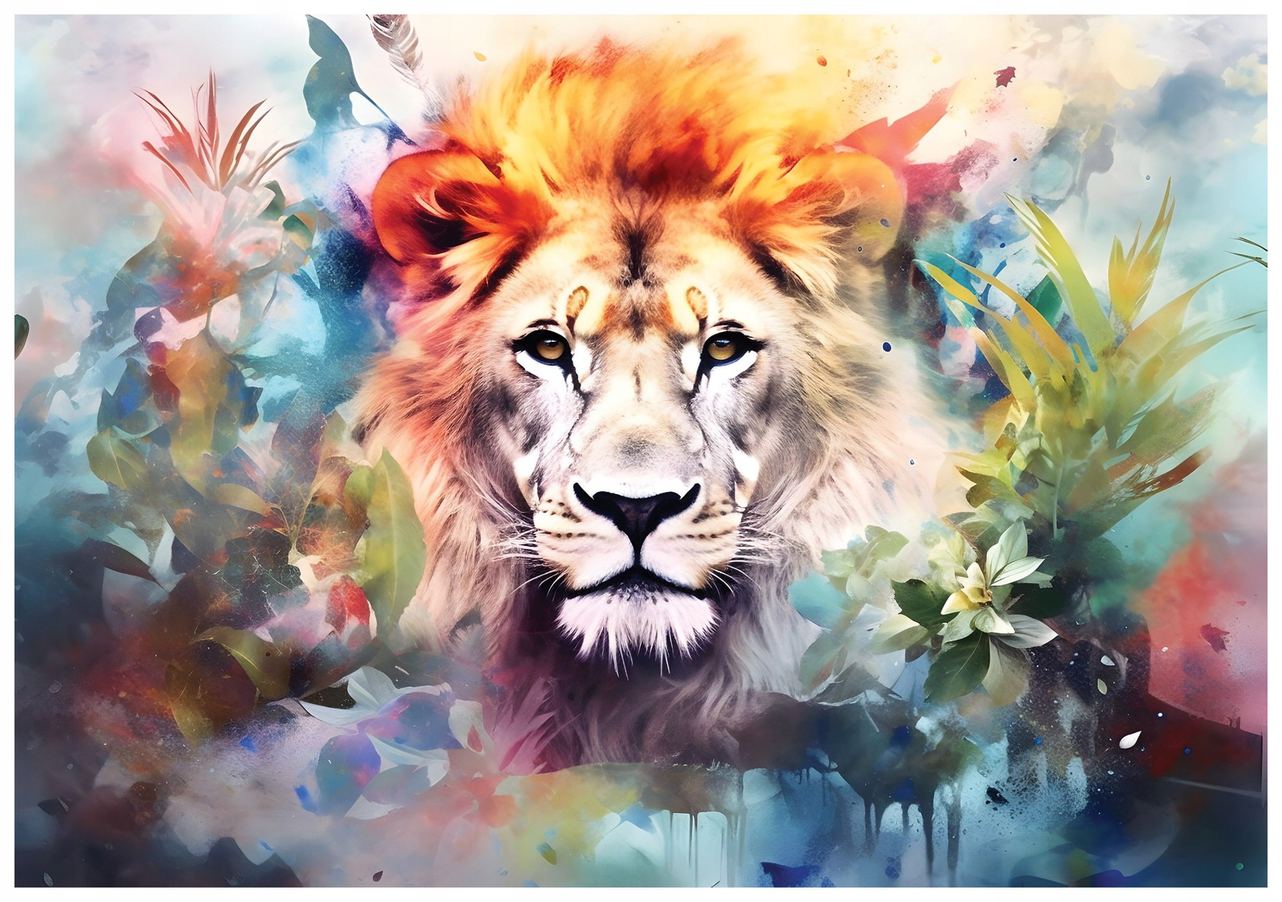 Fototapeta flizelina Lev akvarel s hřívou květy listy styl 250x175 lepidlo