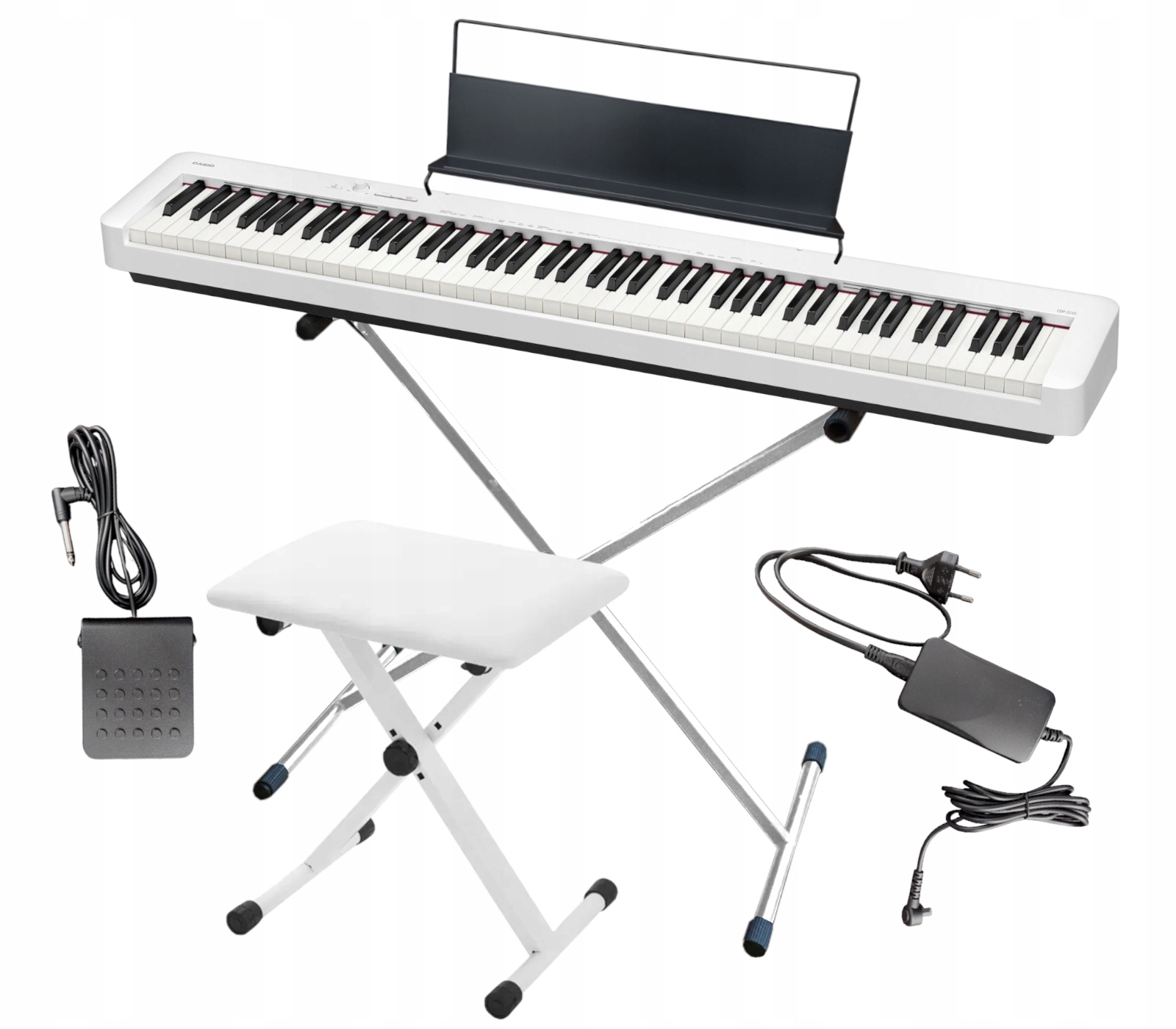Pianino Cyfrowe Casio CDP-S110 Białe + Statyw, Ława, Pulpit, Sustain