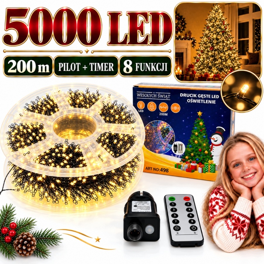 Vánoční Osvětlení Na Stromeček 5000 Led 200 M Teplé Bílé Drátek Dálkové Ovládání Časovač 8 Režimů
