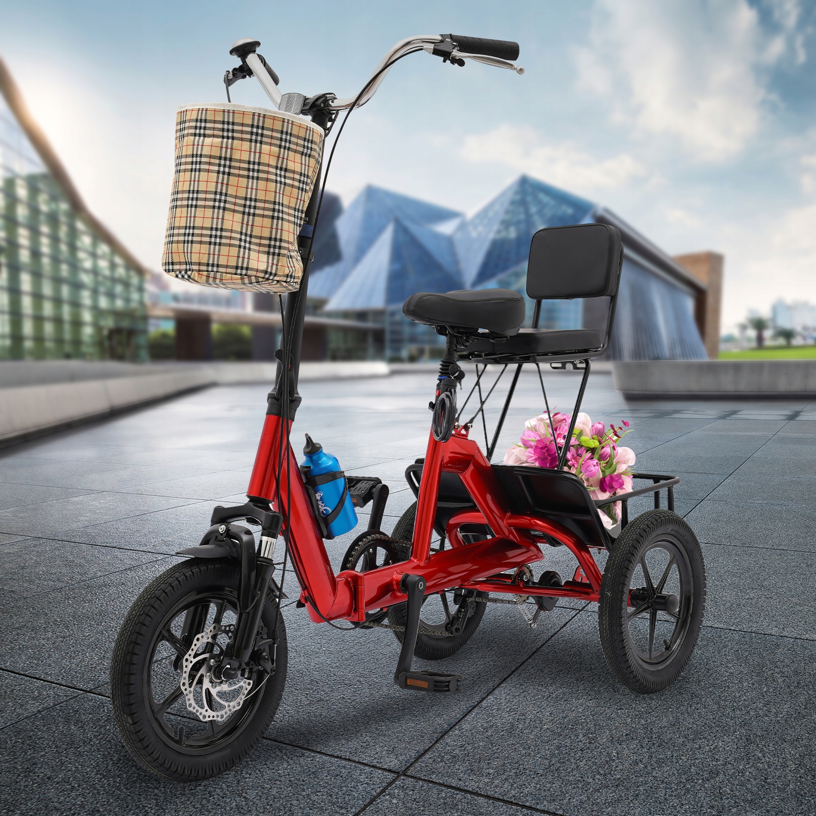 14-Calowy Rower Trójkołowy Składany Dla Dorosłych Czerwony Rowerek Z Koszyk Marka inna