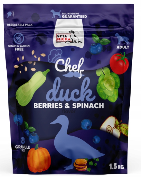 Syta Micha Krmivo suchá kachna, borůvky a špenát 1,5 kg pes