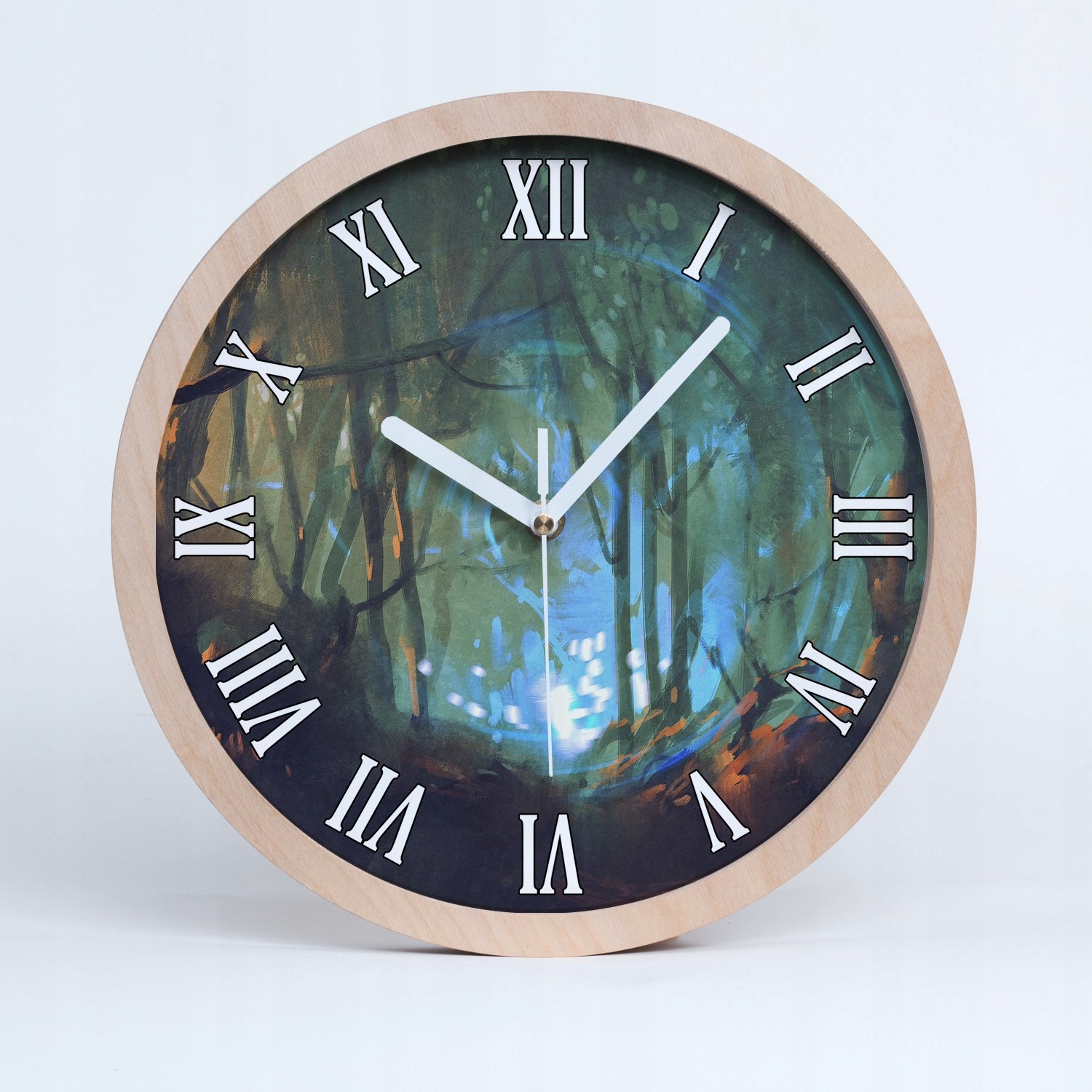 Tichý nástěnný dřevěný hodinový stroj Mystický les, průměr 30 cm