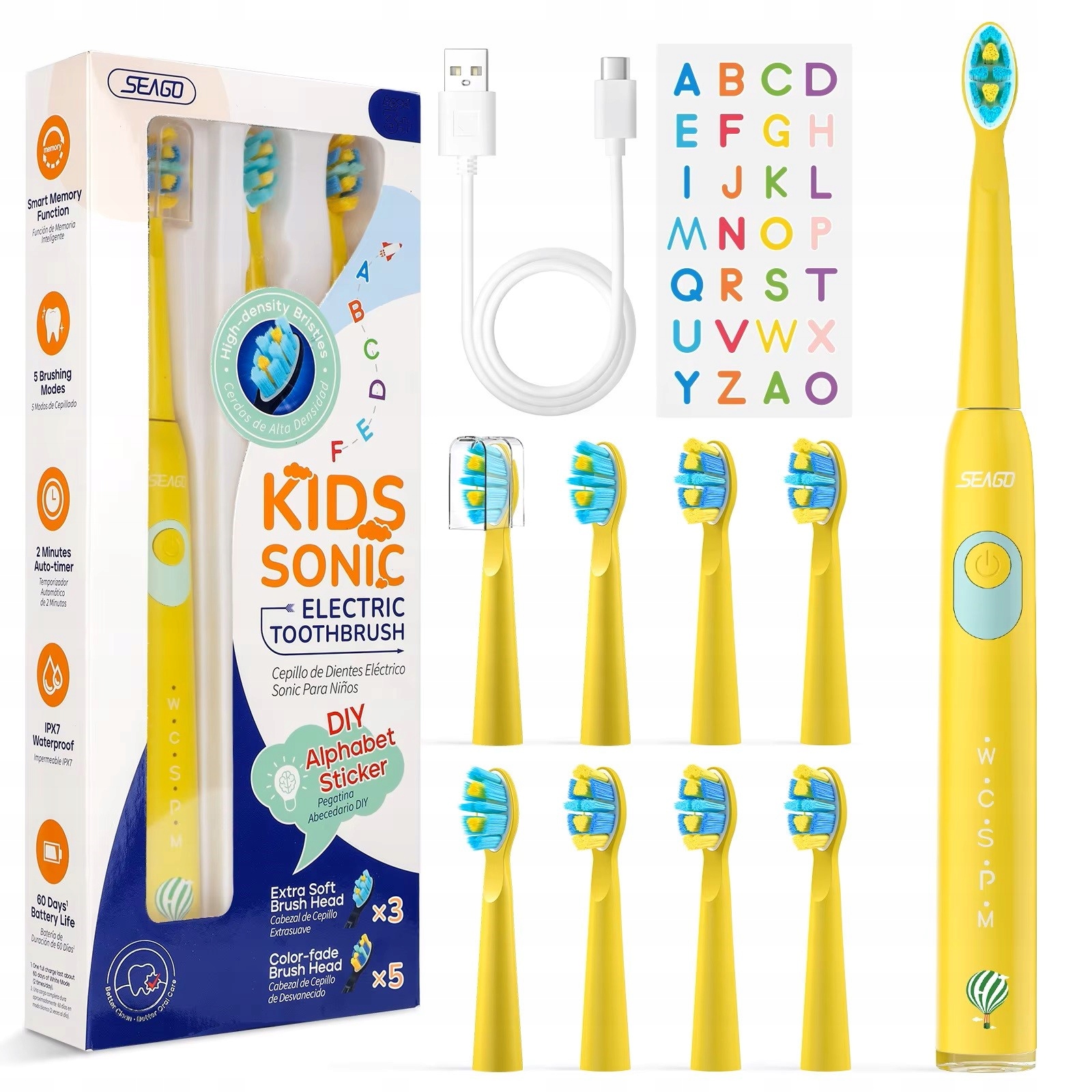 Soniczna szczoteczka dla dzieci 6-12 lat Seago SG-2303, 8 końcówek żółta