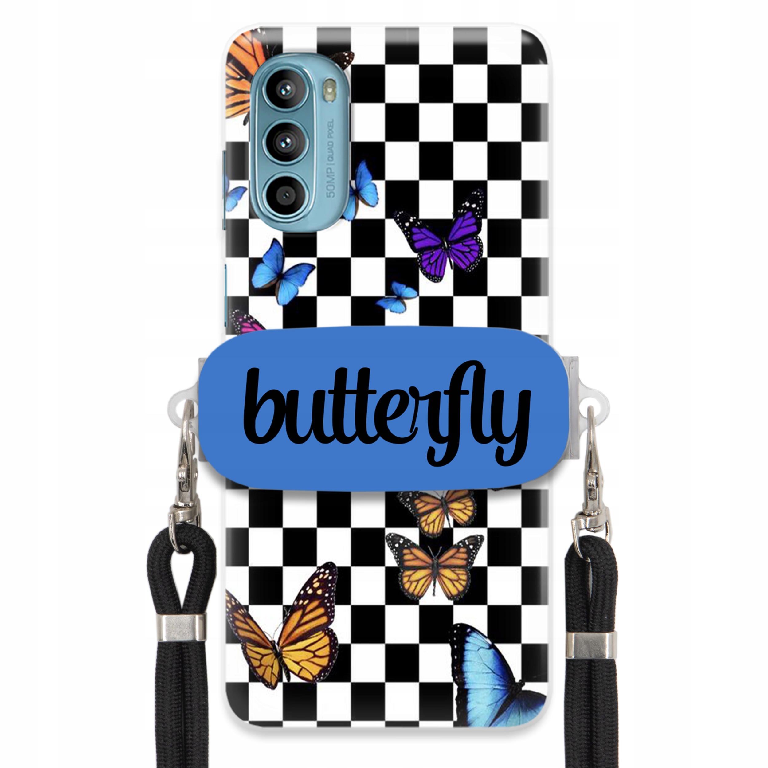 Puzdro Pre Motorola G52 Puzdro Obdĺžnikový Držiak Čierne Vodítko Butterfly Motýle
