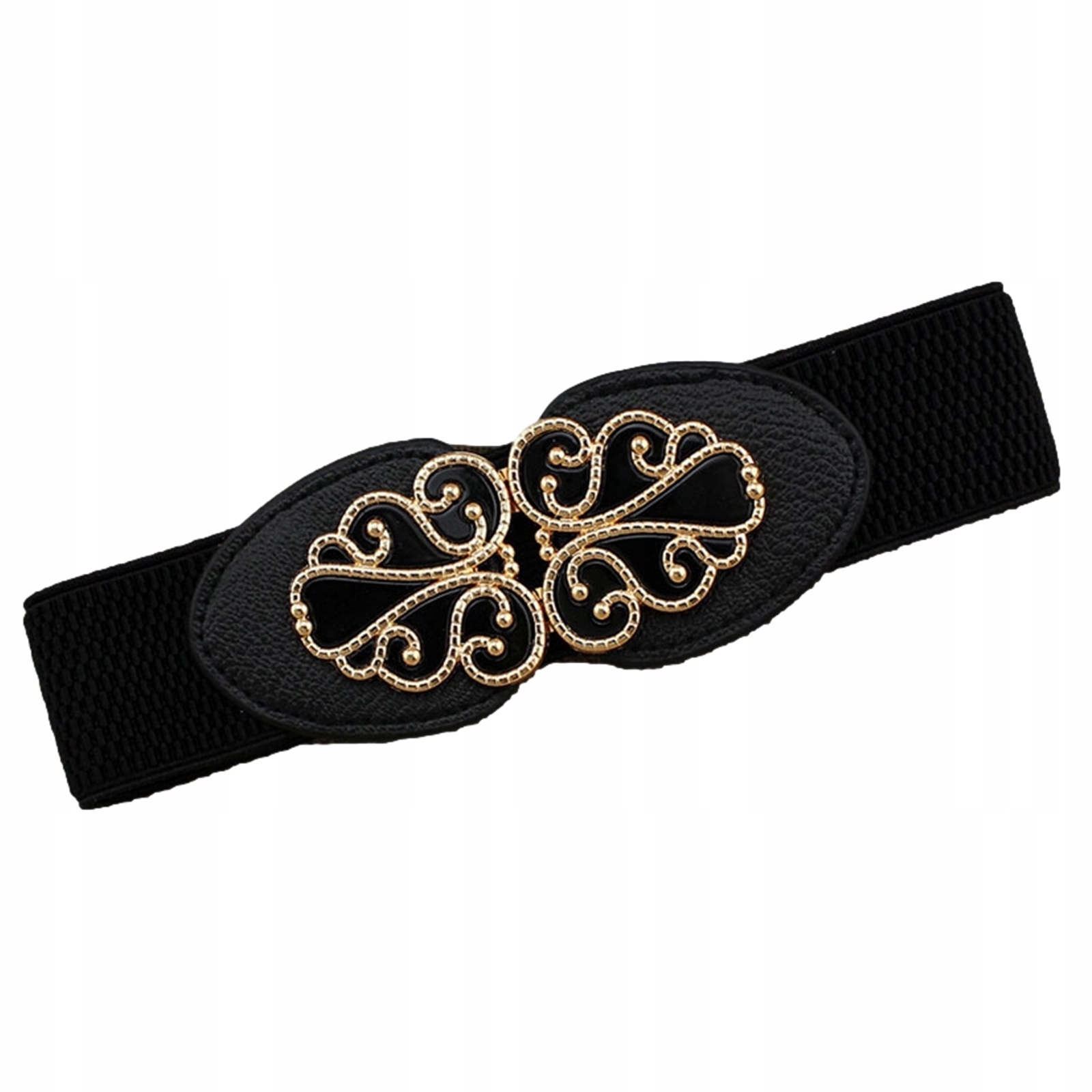 Pásek Dámský Široký Elastický Černý Zlatý Ažurový Spona Ornament Květina