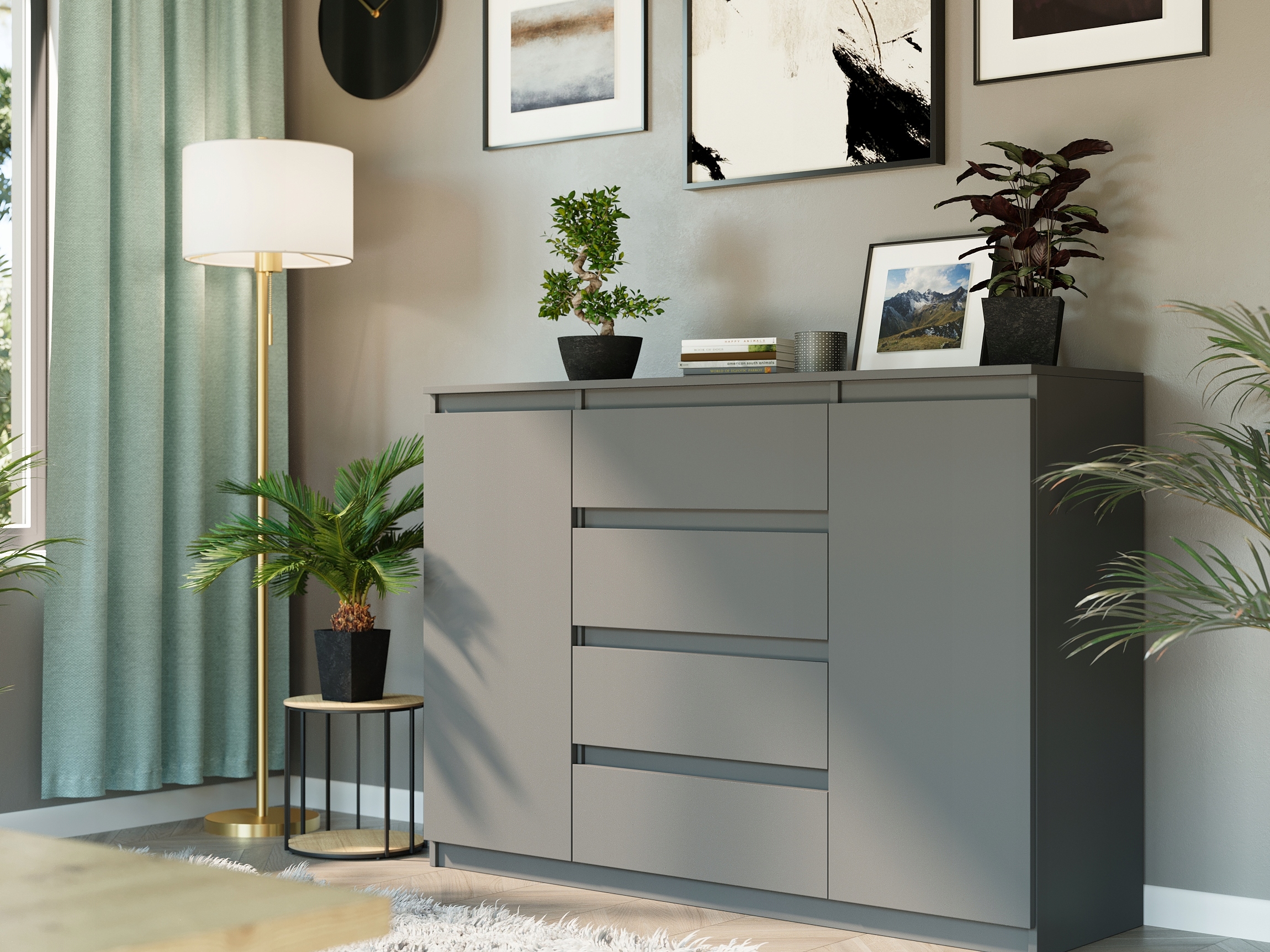 Modna KOMODA 140 SZAFKA 4 SZUFLADY 2 PÓŁKI ANTRACYT R-140-S4