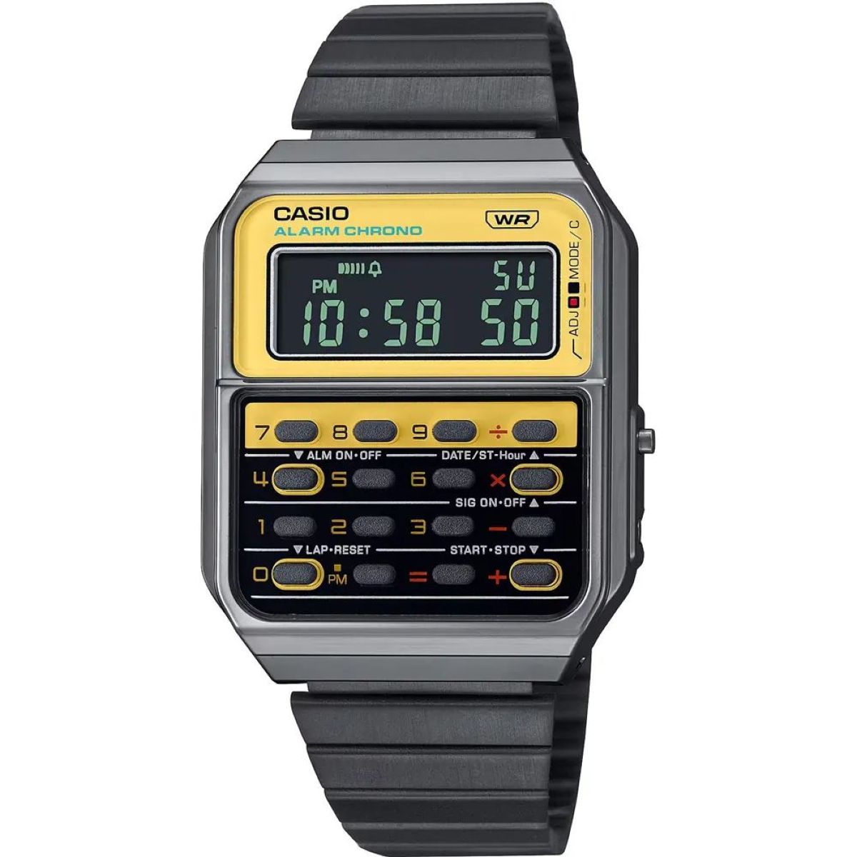 Černo-žluté hodinky Casio s kalkulačkou Vintage v retro stylu
