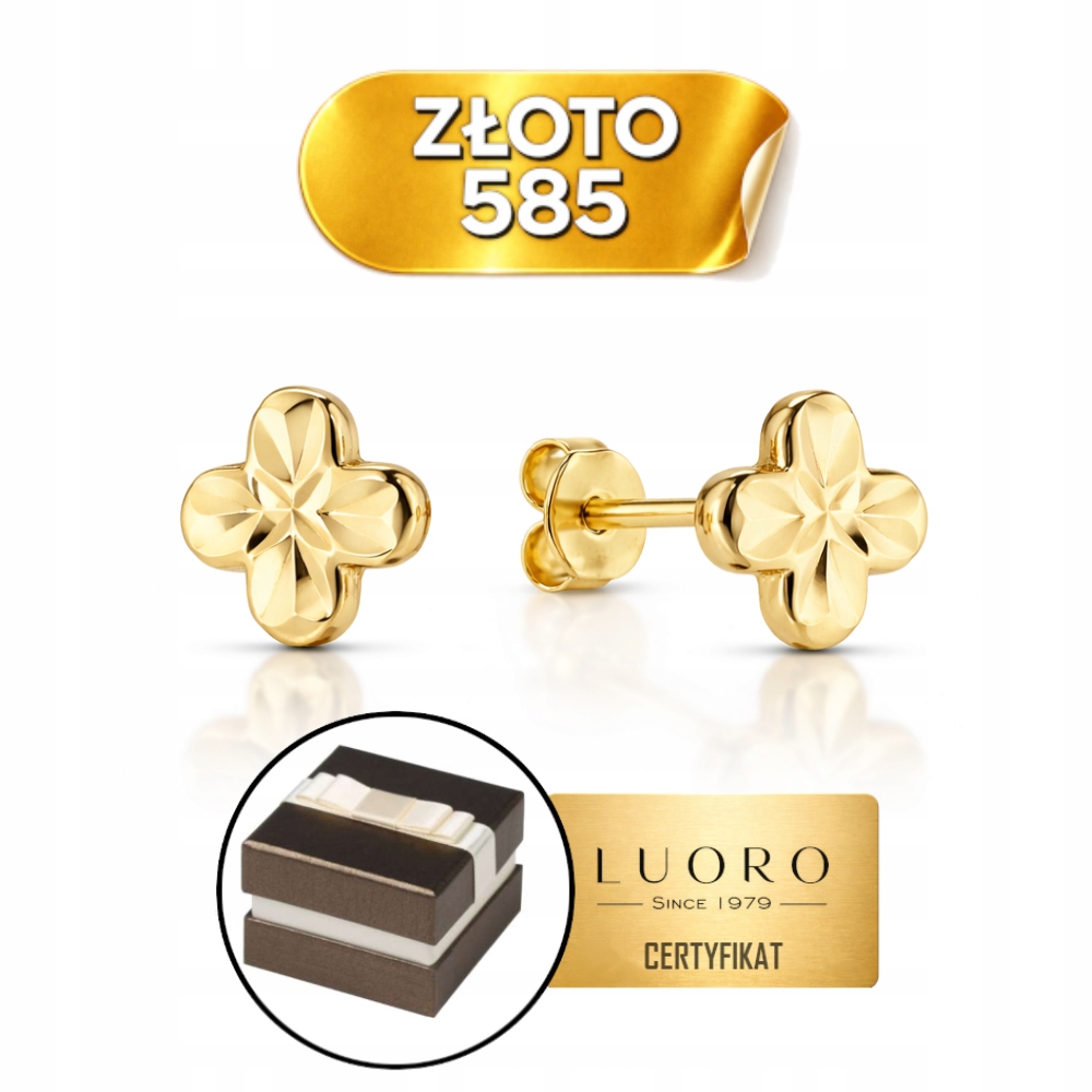 Náušnice Zlaté 585 14K Jetelky Diamantová Tyčinka 5X5 MM Elegantní