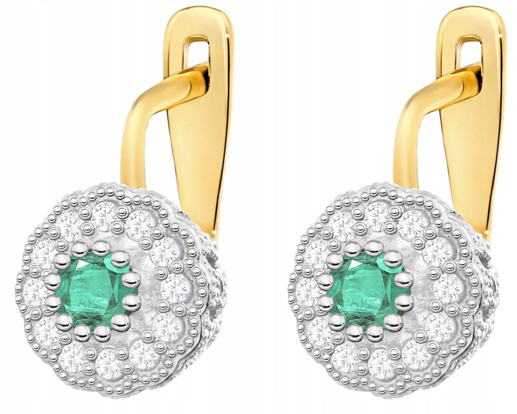 Zlaté Náušnice s přírodním kamenem, zelený Smaragd, diamanty, certifikát