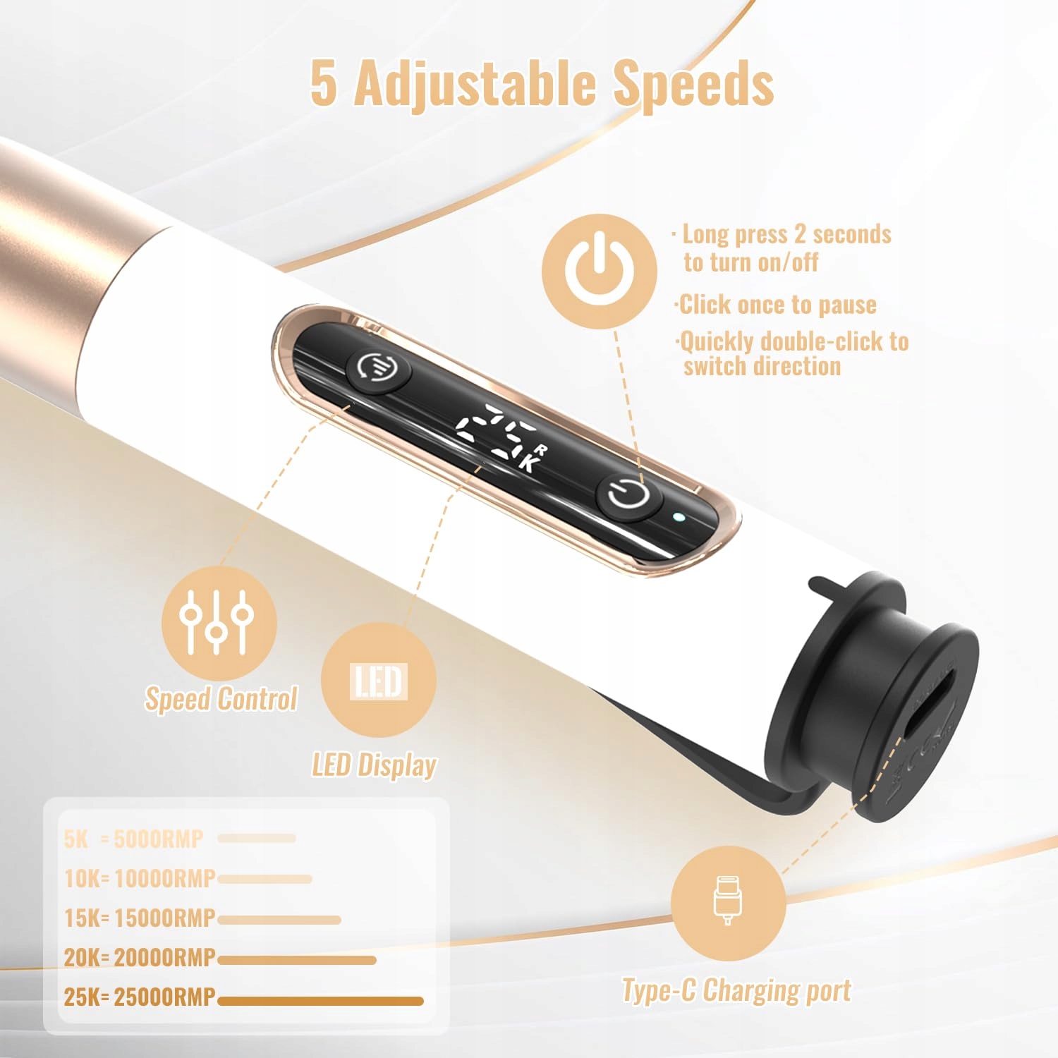 DENABUTY Elektryczna Frezarka Do Paznokci Bezprzewodowa 12w1 25000 RPM USB — miniatura 4