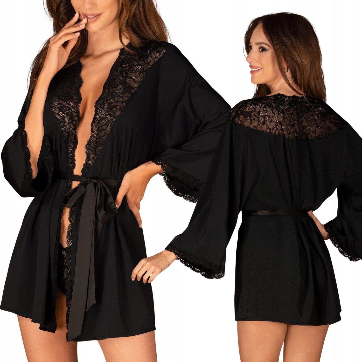 Župan Bellastia Peniuar černý s krajkou XL/2XL Obsessive