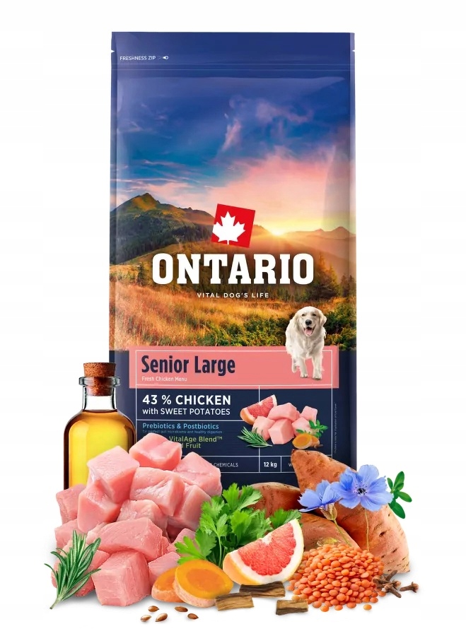 Levně Ontario 12kg Senior Large Kuře & Batáty