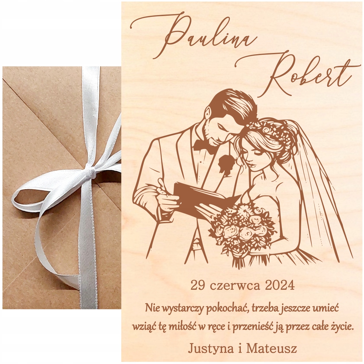 Dřevěný Dárek Na Svatba Kartička S Gravírováním Pro Mladý Pár Personalizovaná