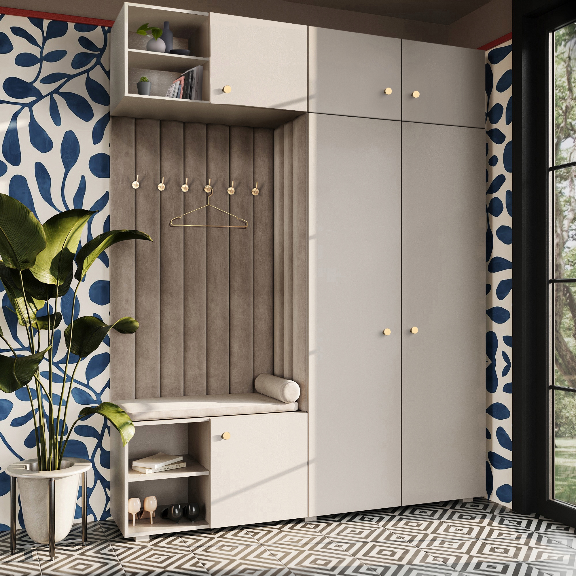 Šatní Skříň Do Předsíně S Sedákem A Nástavcem Kašmír, Knoflík Zlatý, Rohový, 5