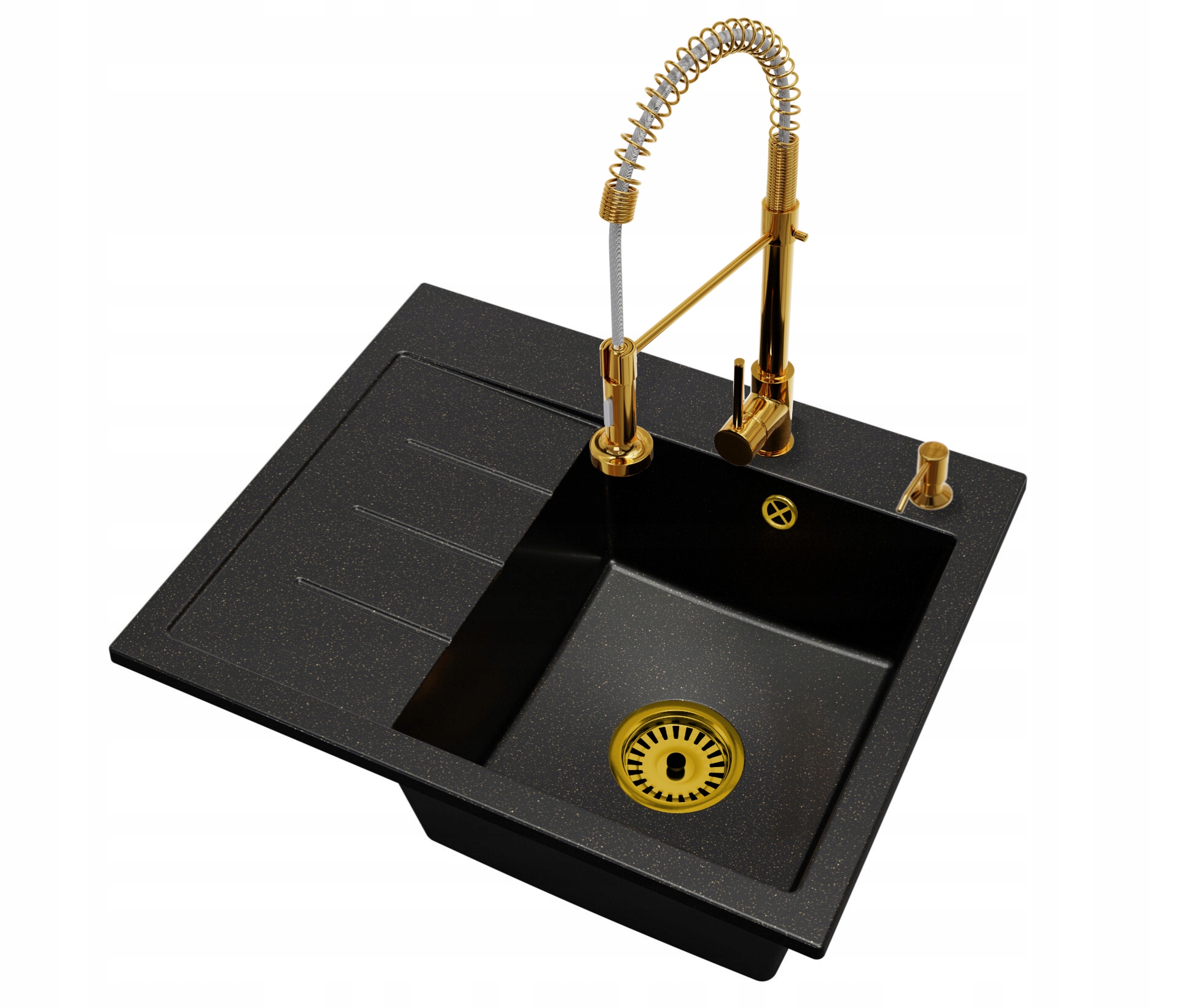 Dřez Exclusive 60 Levý skvrnitý zlatý sifon Zlatá baterie Dávkovač