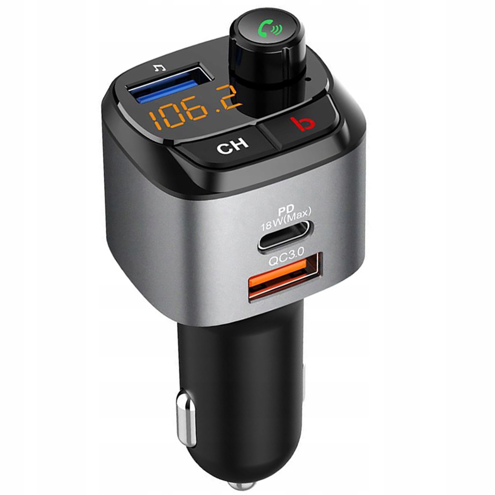 NAJMOCNIEJSZY Transmiter bluetooth FM samochodowy ładowarka18W QC3.0 USB-C
