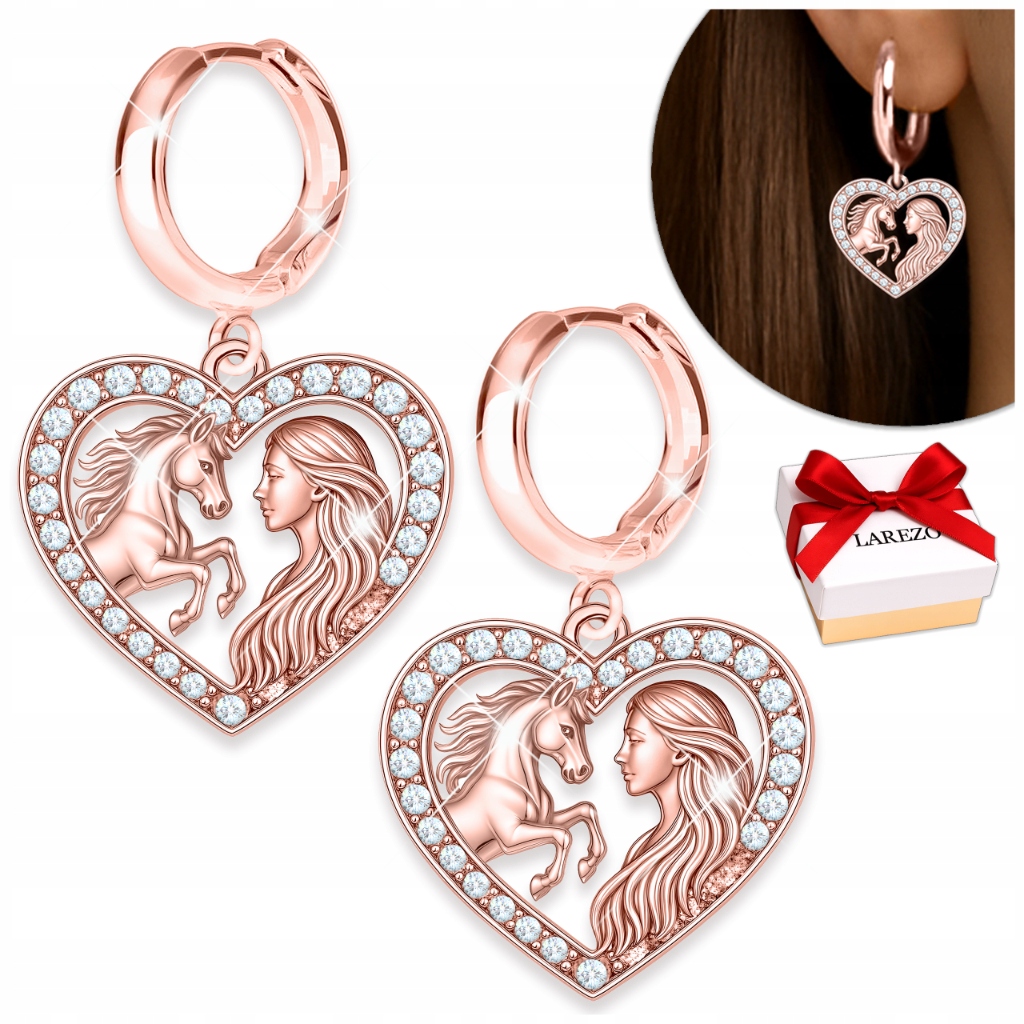 Anglické pozlacené dívčí Náušnice s koňskými srdíčky, koně Stříbro 925