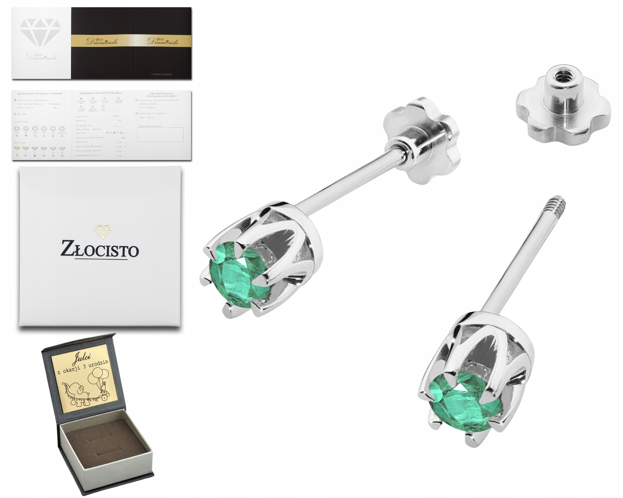 Bílé Zlato Náušnice S Brilianty A Zelenými Smaragdy, Šroubovací Tyčinka