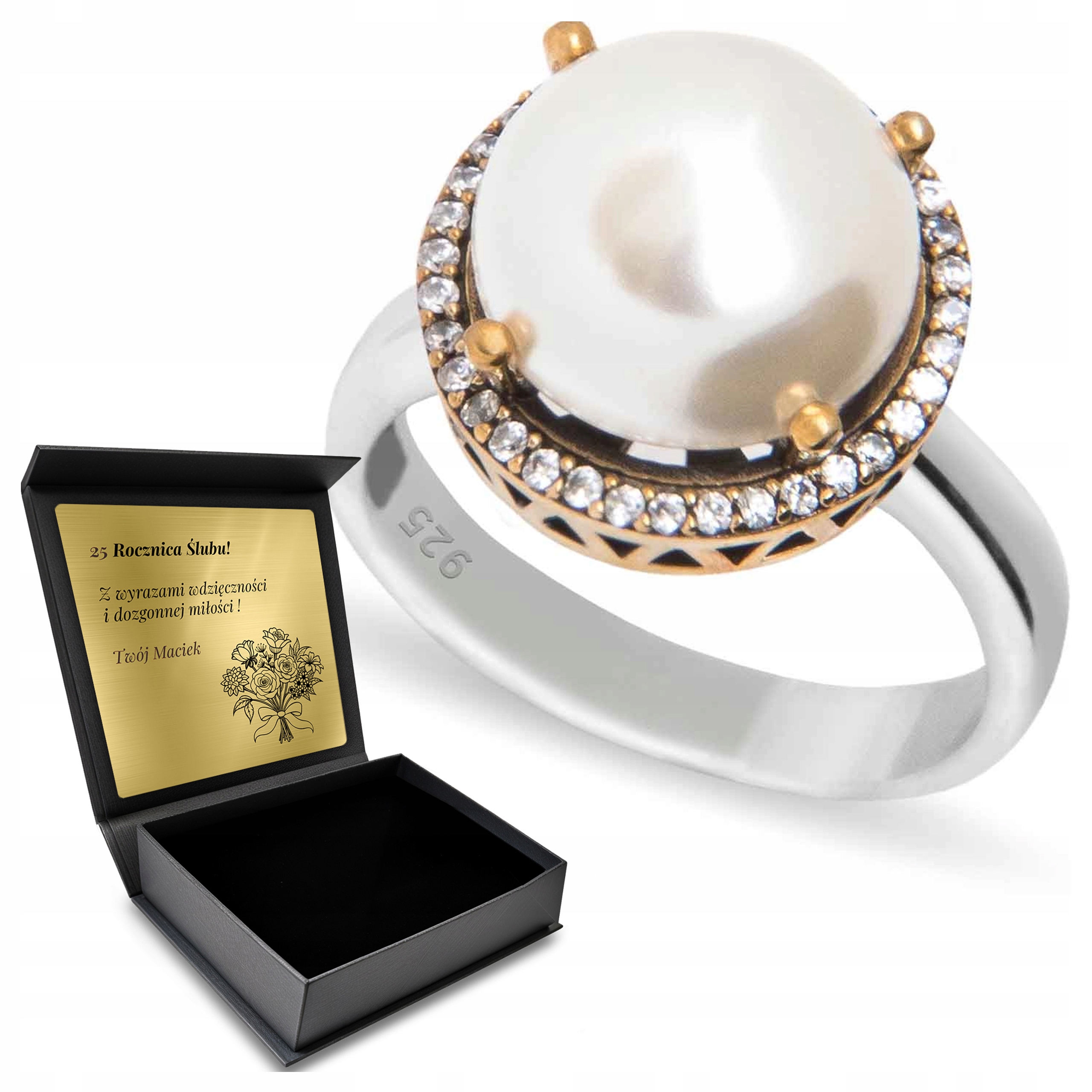 Prstýnek 925 Se Zirkony A Perlou Pro Ženu Gravírování Bonus