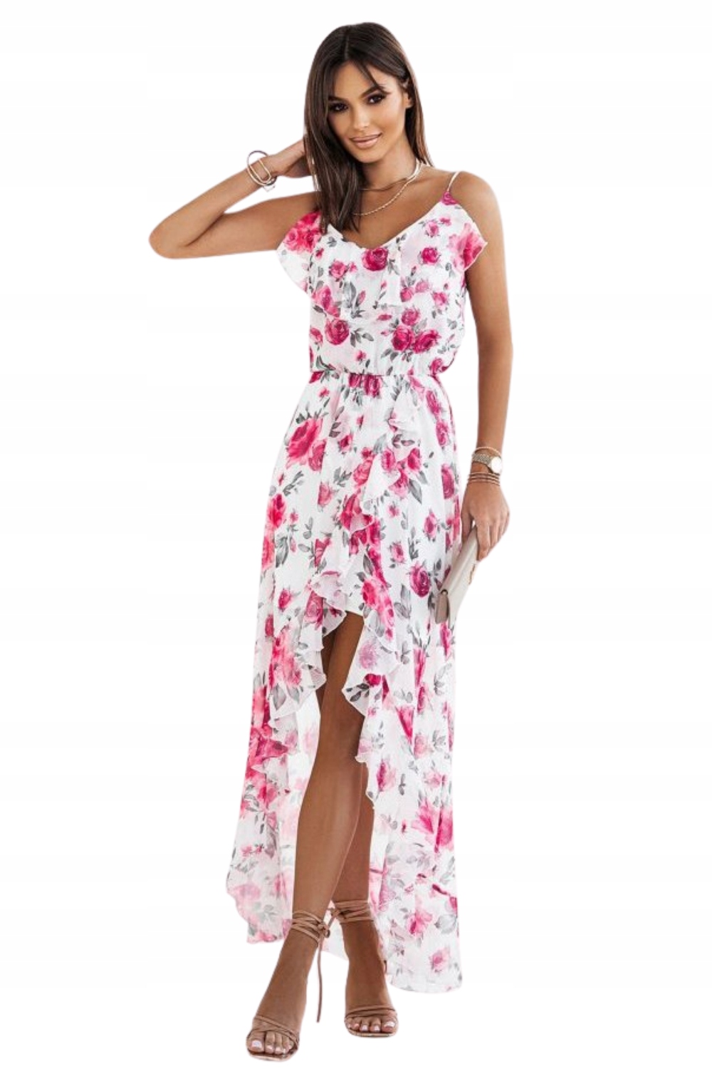 Jemné Bílo-růžové Šaty S Květinami Z Růžového Šifonu 38