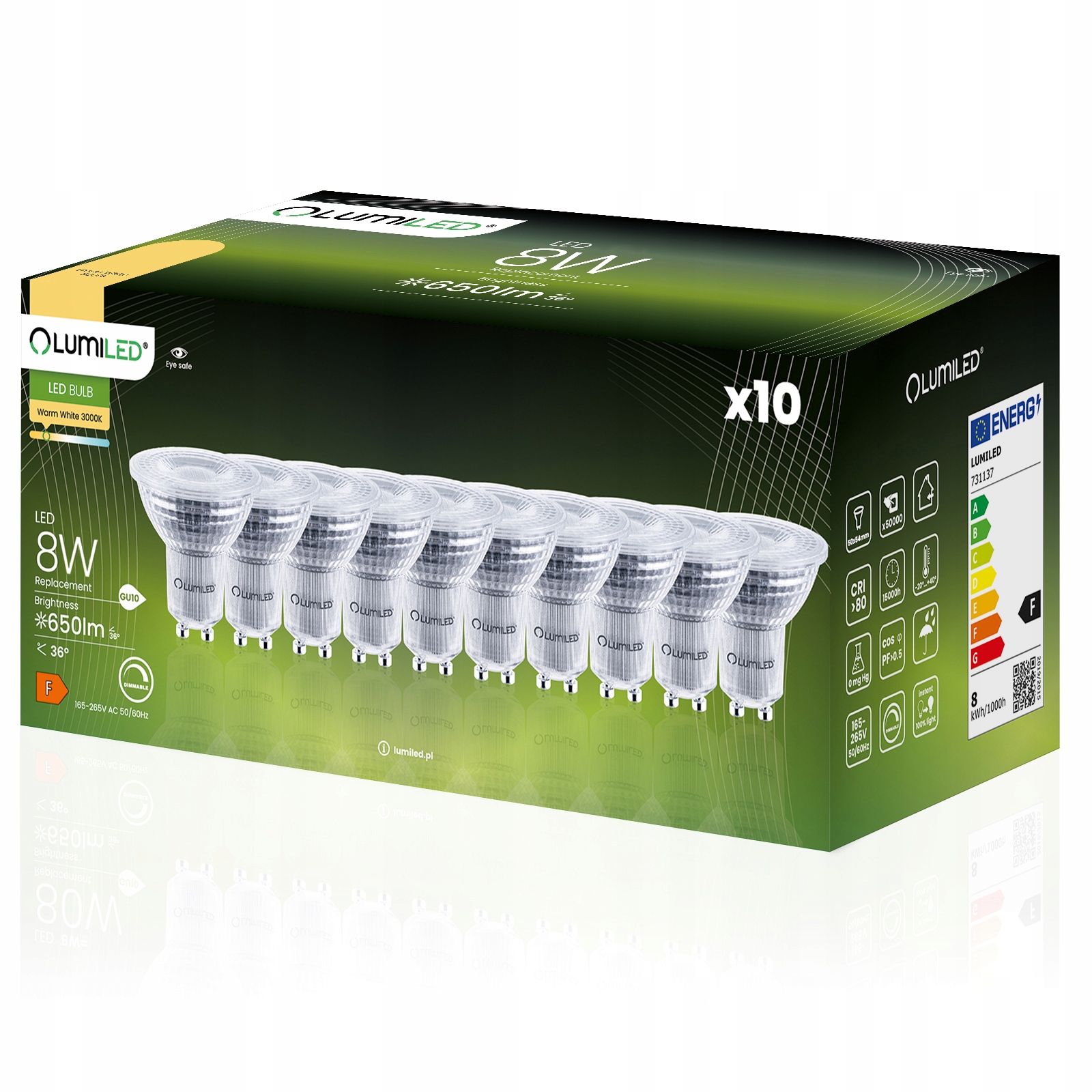10x Żarówka Led GU10 8W 650lm 3000K Ciepła Reflektor Ściemnialna Lumiled