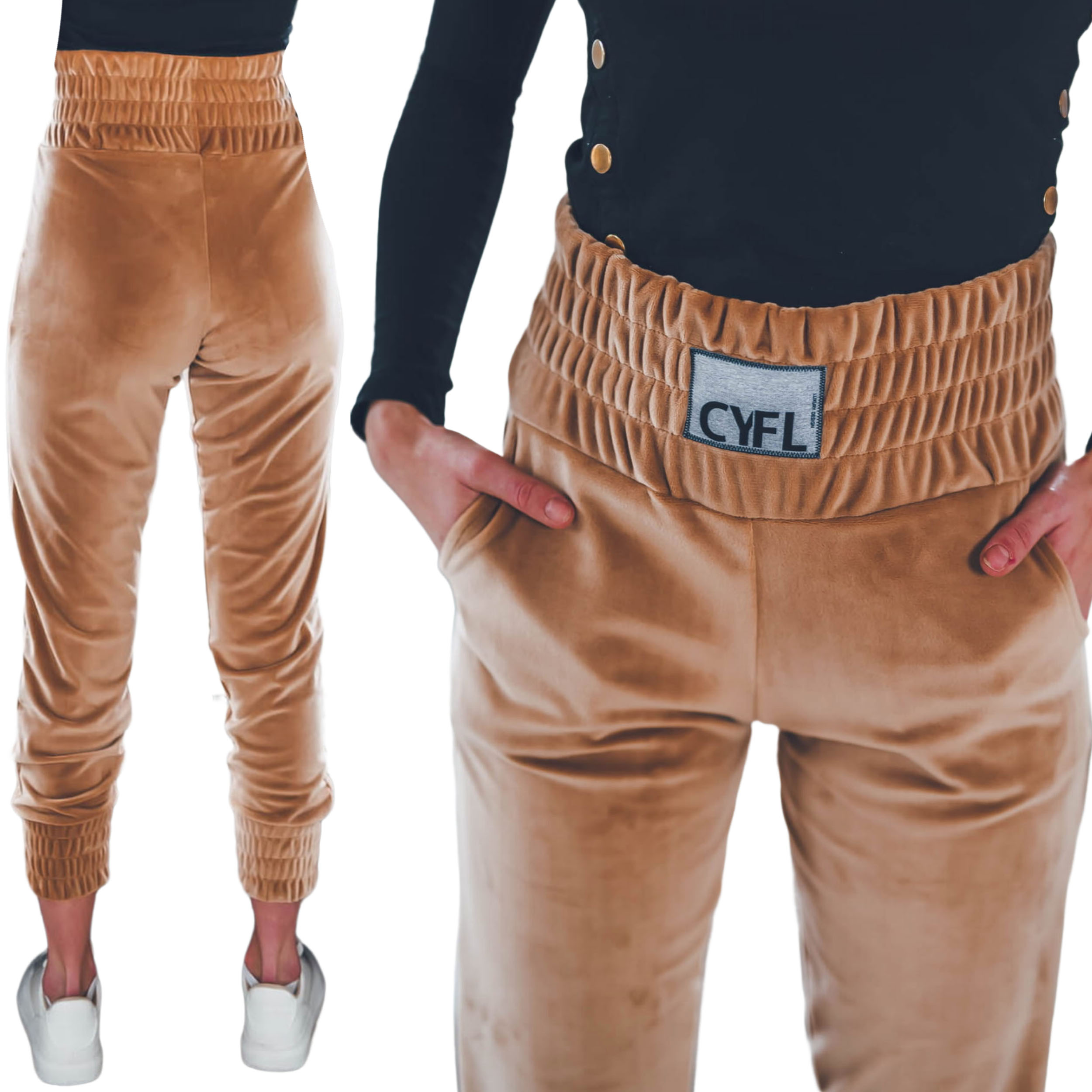 

Welurowe damskie spodnie dresowe beżowe joggery L