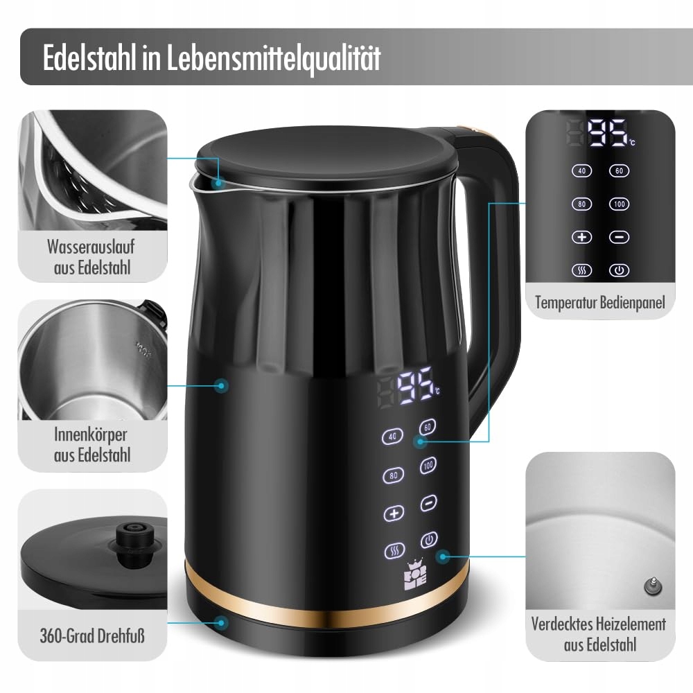 FORME Czajnik Elektryczny 1,7L Stalowy Regulacja Temperatury LED Wyświetlac — miniatura 3