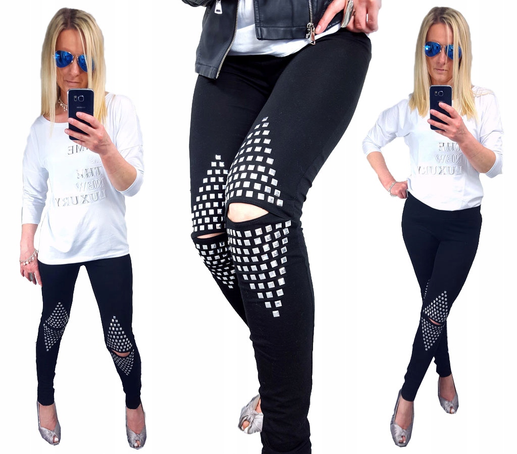 

Spodnie Legginsy Rurki Ćwieki Ripped Getry Dziury