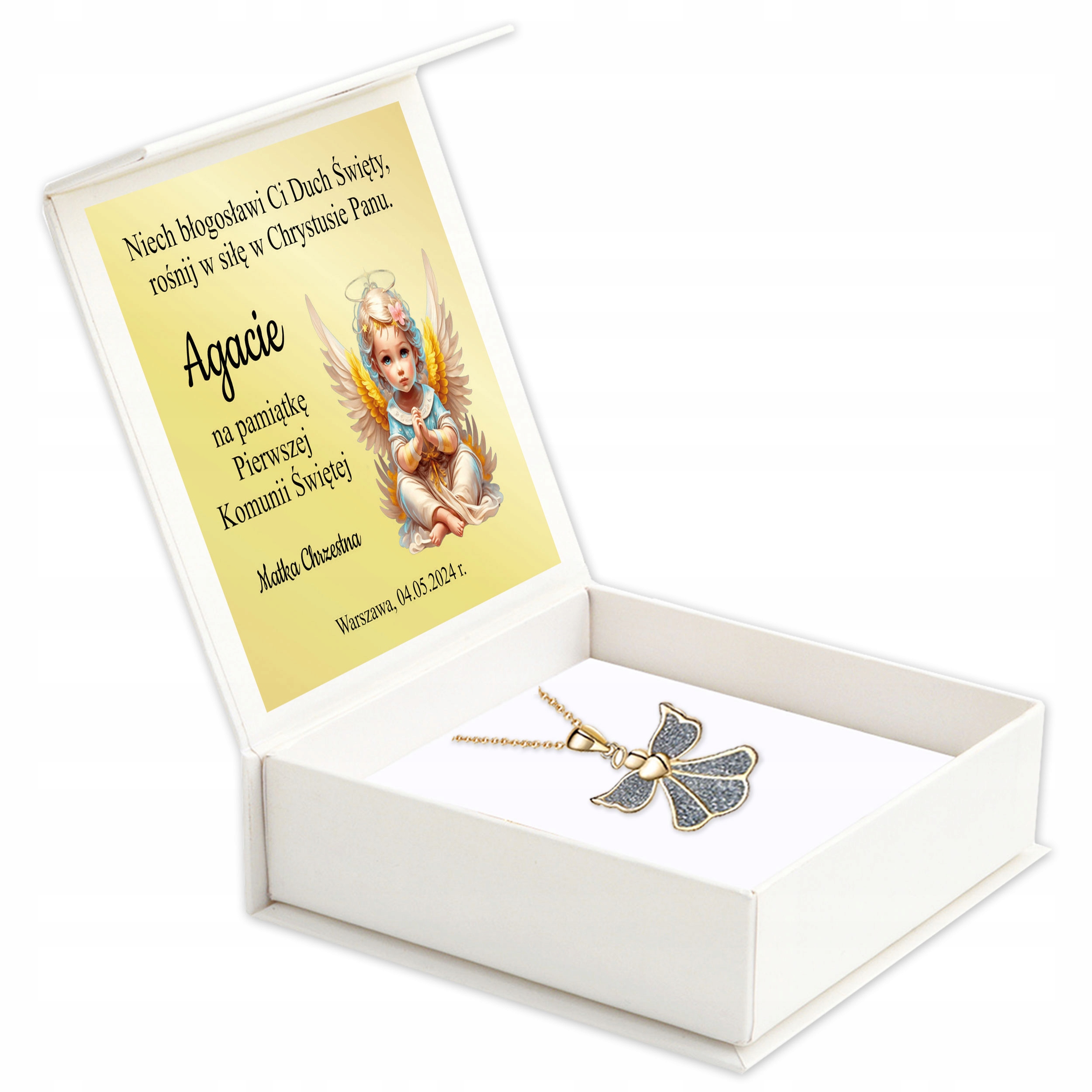 Pamiątka Komunii Świętej Prezent na Pierwszą Komunię Chrzest Anioł + TEKST Materiał Srebro