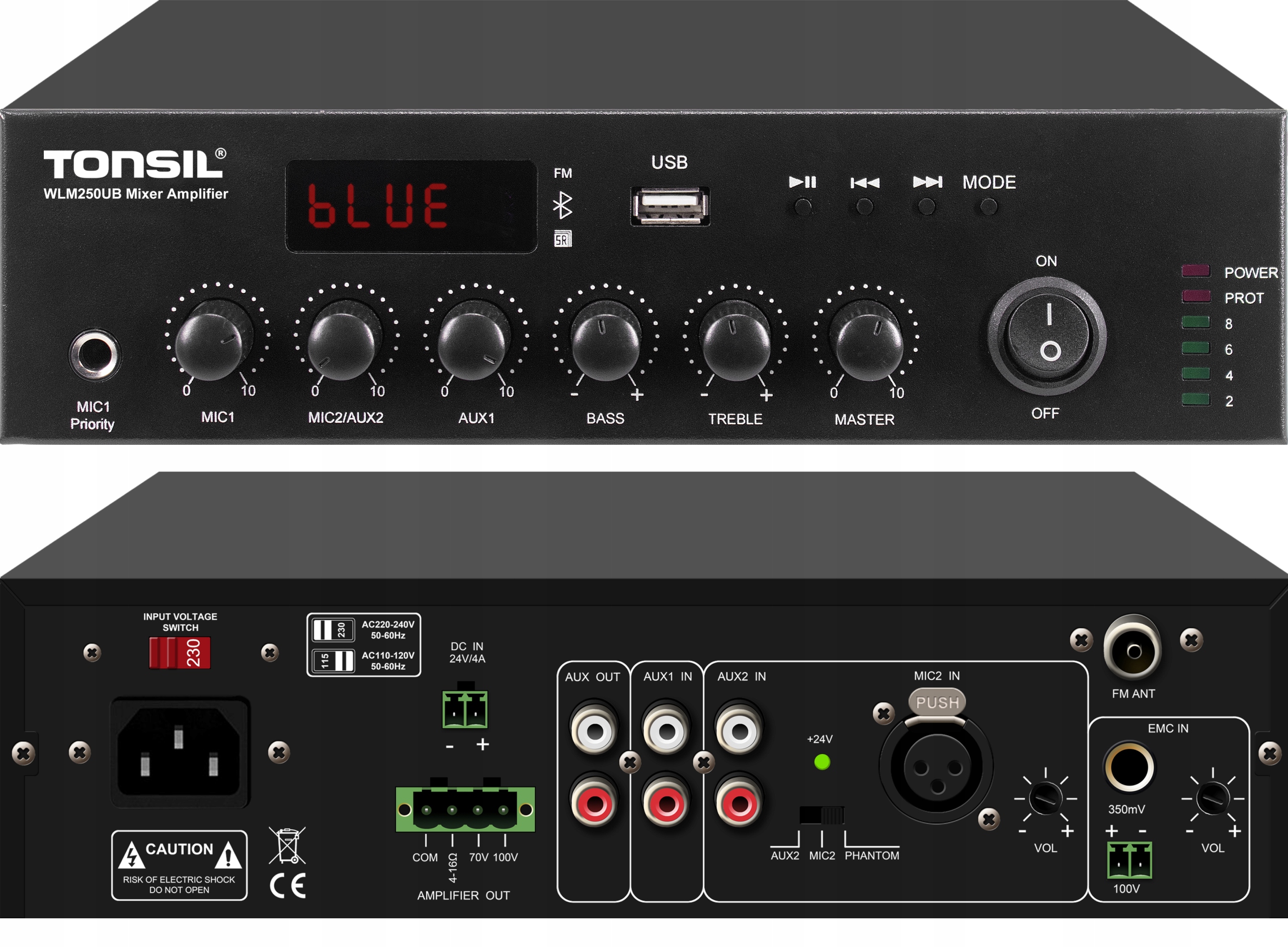 Zesilovač Tonsil WLM-250UB 100V 70V 4-16 ohm Usb Bluetooth Phantom 250W