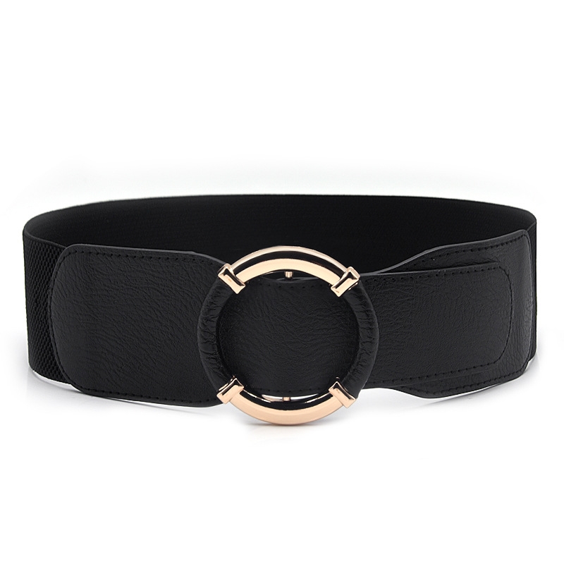 Pasek Damski Czarny Elastyczny Szeroki Skóra Ozdobna Okrągła Złota Klamra
