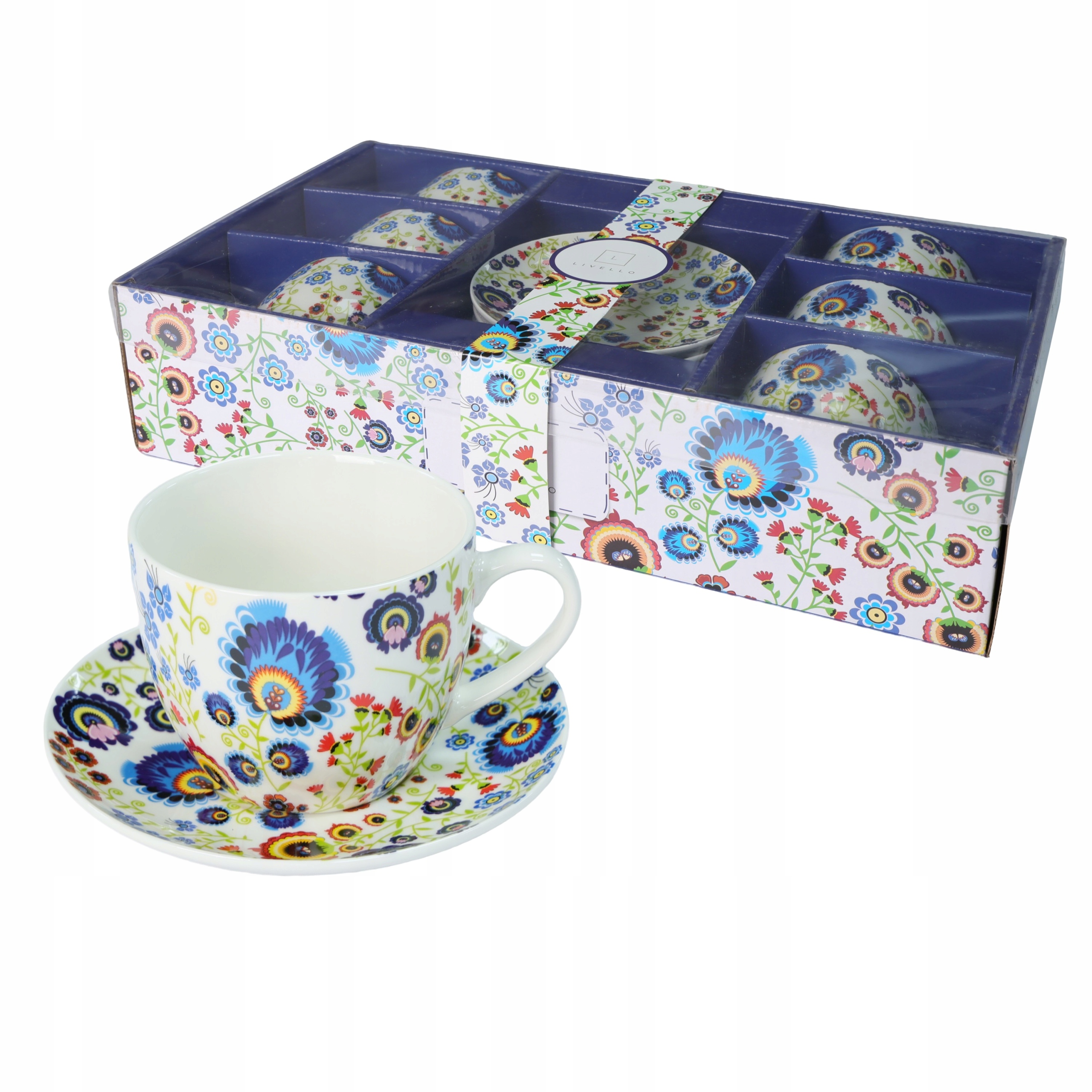 Livello Kávový servis 6 x šálek 250 ml s podšálkem 14 cm folk art