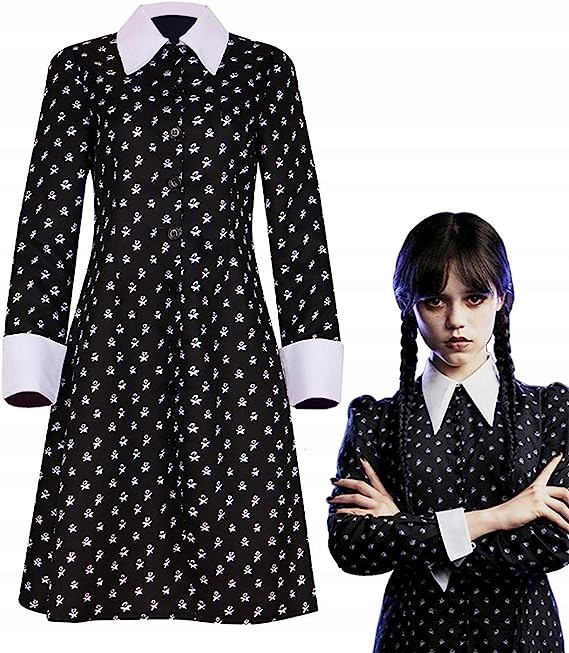 SUKIENKA WEDNESDAY ADDAMS PRZEBRANIE HALLOWEEN WZORKI STRÓJ KARNAWAŁOWY M
