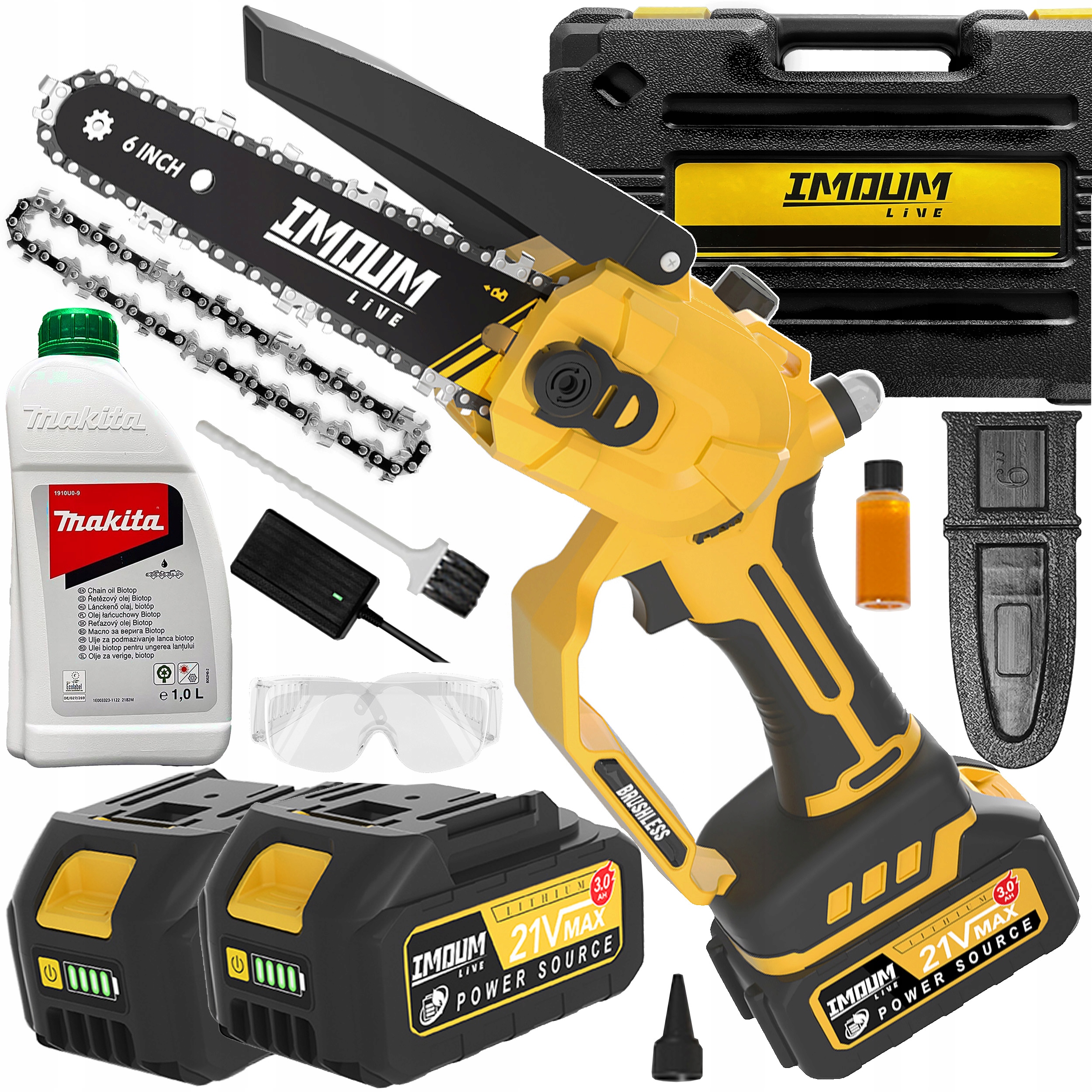 Pro Akumulátorová Aku Řetězová Pila 6" 2x Baterie Olej Pouzdro Imoum