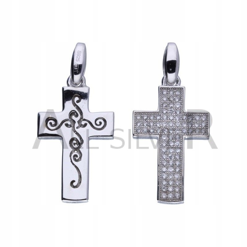 Stříbrný oboustranný kříž 925 s rhodiovanými zirkony jako dárek k přijímání