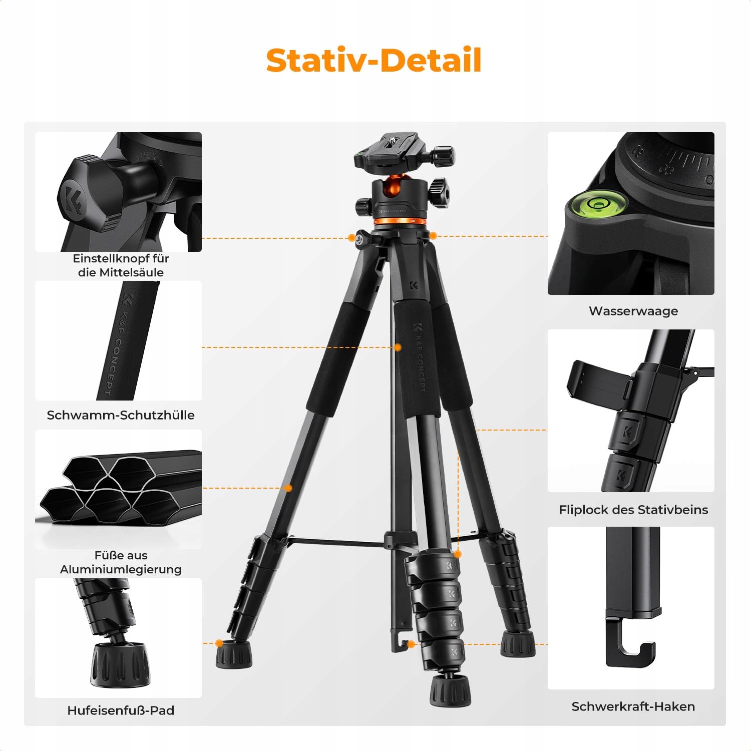 K&F CONCEPT Statyw Kamera 190cm Tripod DSLR Camcorder Telefon Tablet — miniatura 6