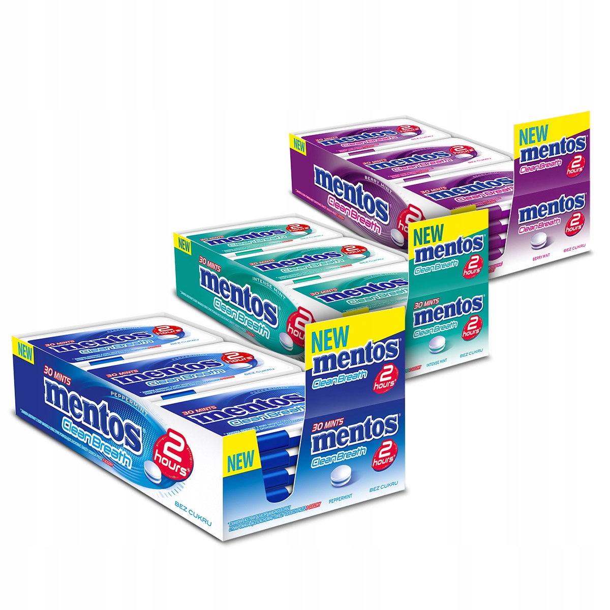 Mentos Clean Breath pastylki Berry Mint, Intense Mint, Peppermint 36x21g