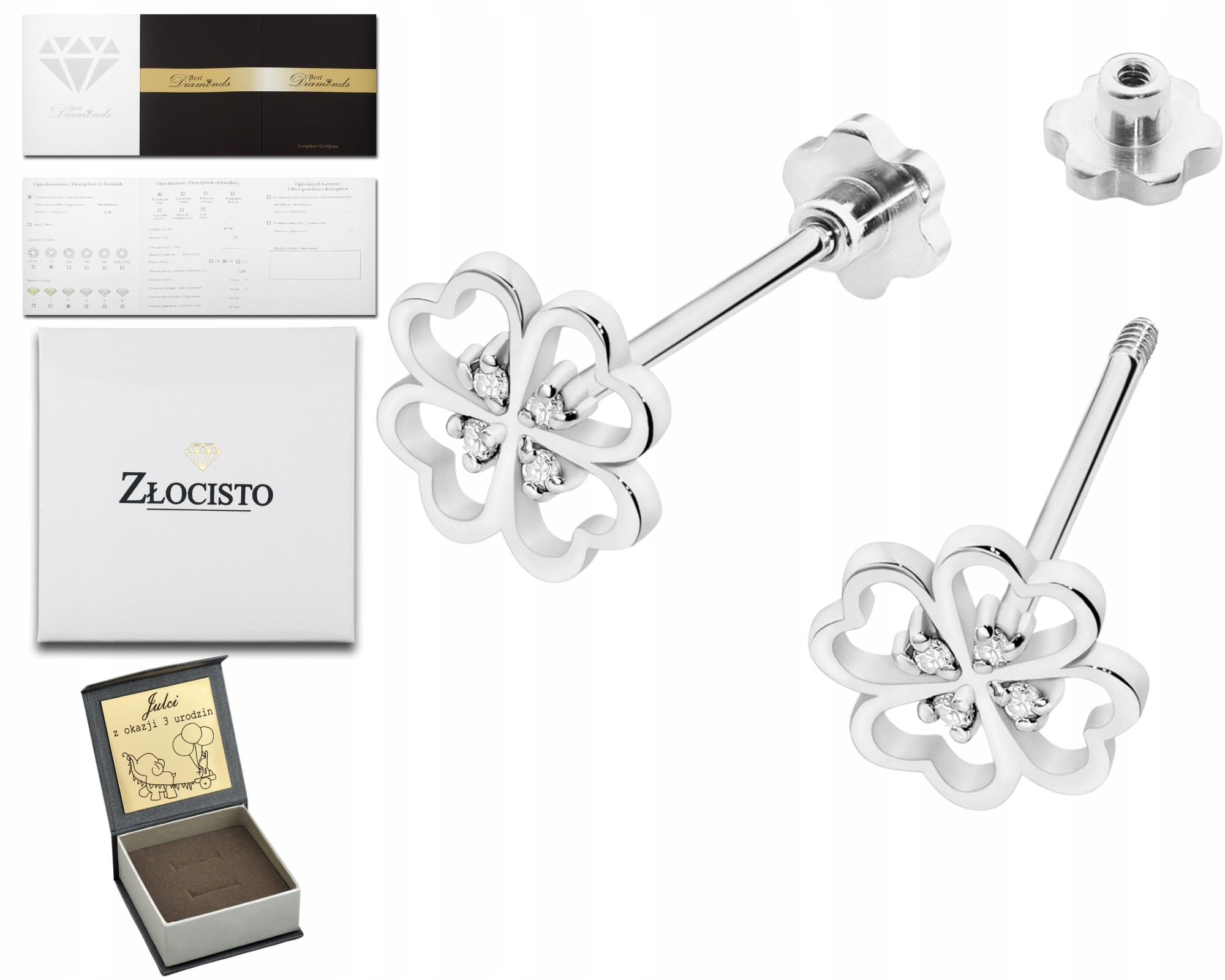 Náušnice z bílého zlata s jetelovým vzorem a diamantovým Gravírování Dárek 585
