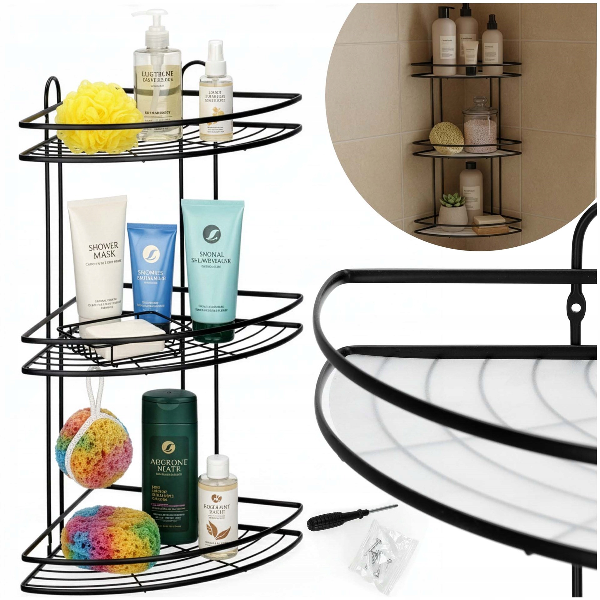 Rohová Koupelnová Polička Pod Sprchu 58 cm Závěsná 3 Police Černá Ocelová