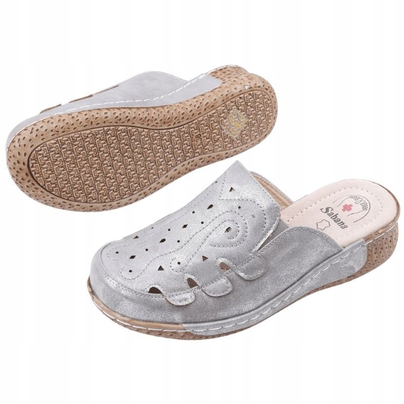 Srebrne Klapki Damskie Zakryte Na Platformie Wkładka Medyczne Ortopedyczne