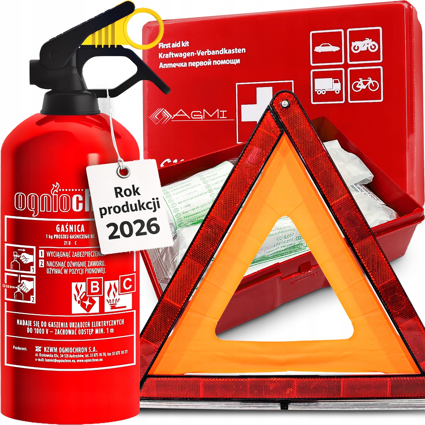 Zestaw Agmi apteczka gaśnica proszkowa 1 kg trójkąt ostrzegawczy
