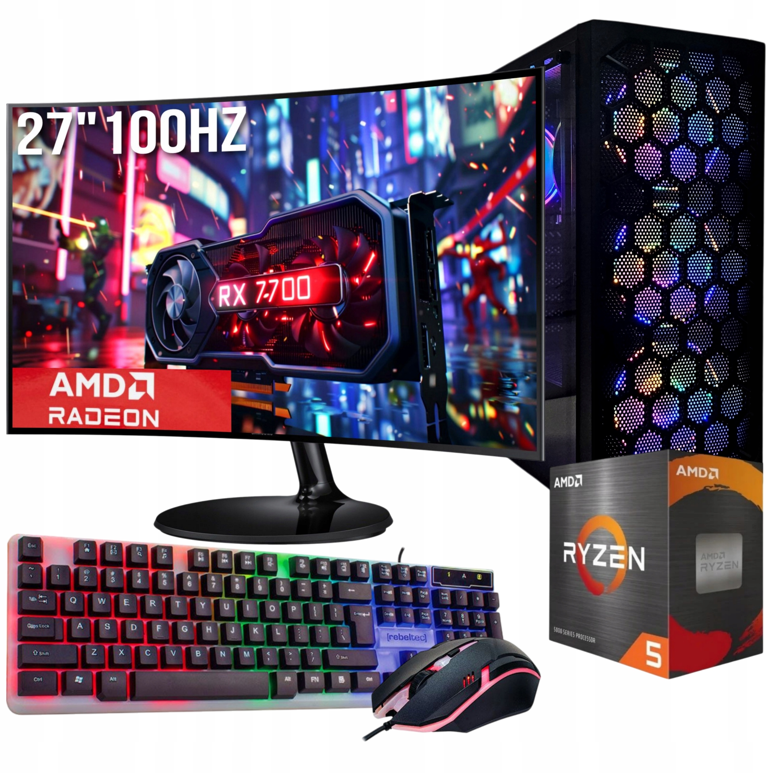 Zestaw Komputerowy Gamingowy 27"100Hz Ryzen 5 3600 64GB DDR4 Rx 7700 12GB