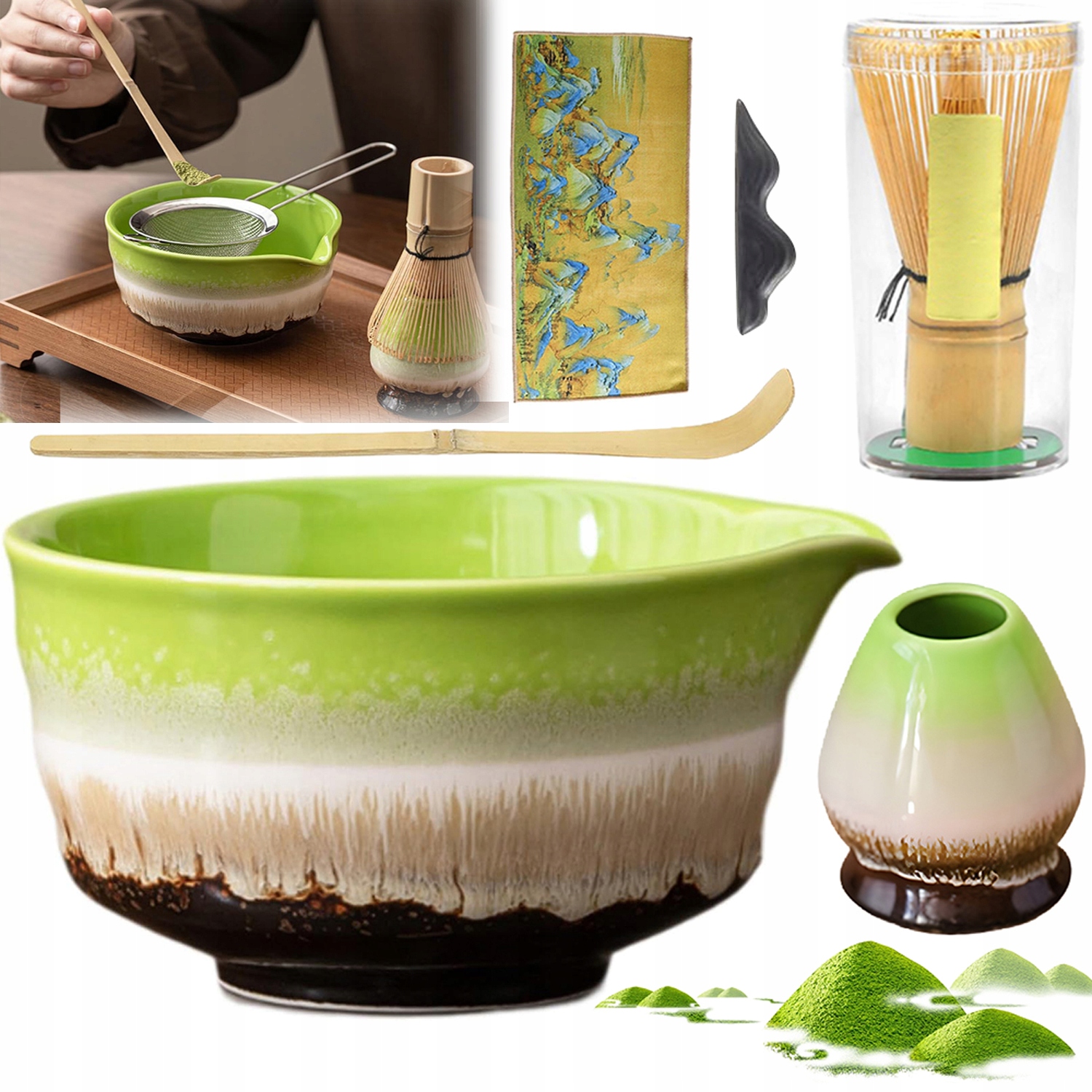 Levně Sada na Matcha 6v1: Keramická miska proti rozlití a bambusová metlička