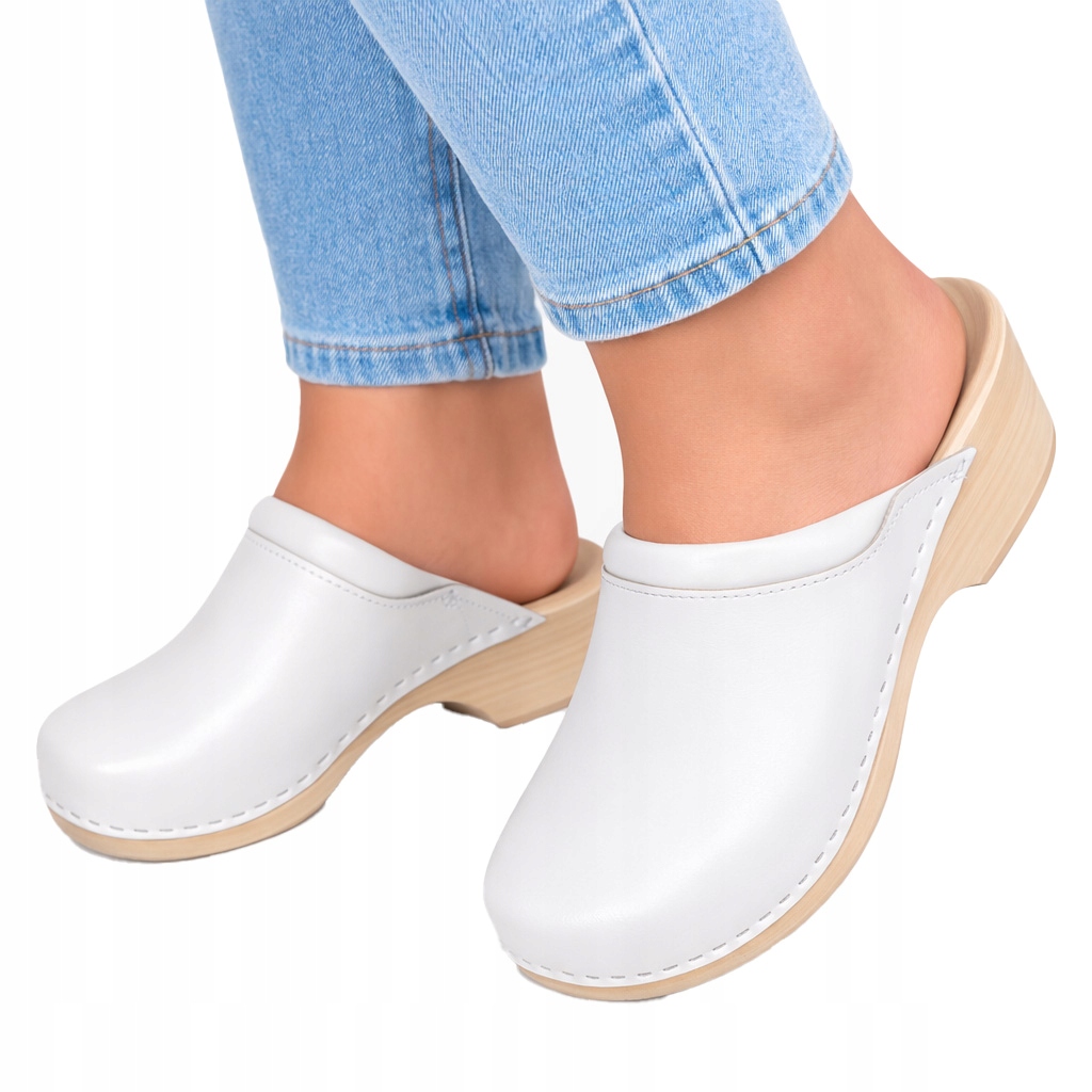 Drewniaki klapki ze skóry naturalnej! (męskie)n białe gładkie 44