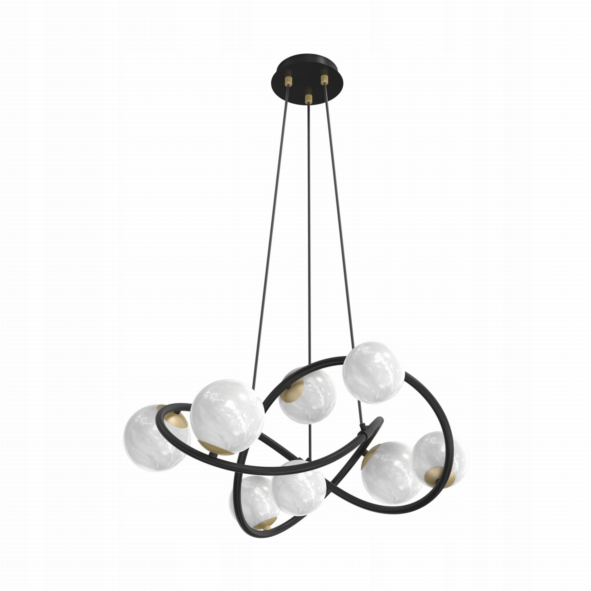 Čierna zlatá závesná lampa s ôsmimi sklenenými tienidlami do obývačky Nisyro G9