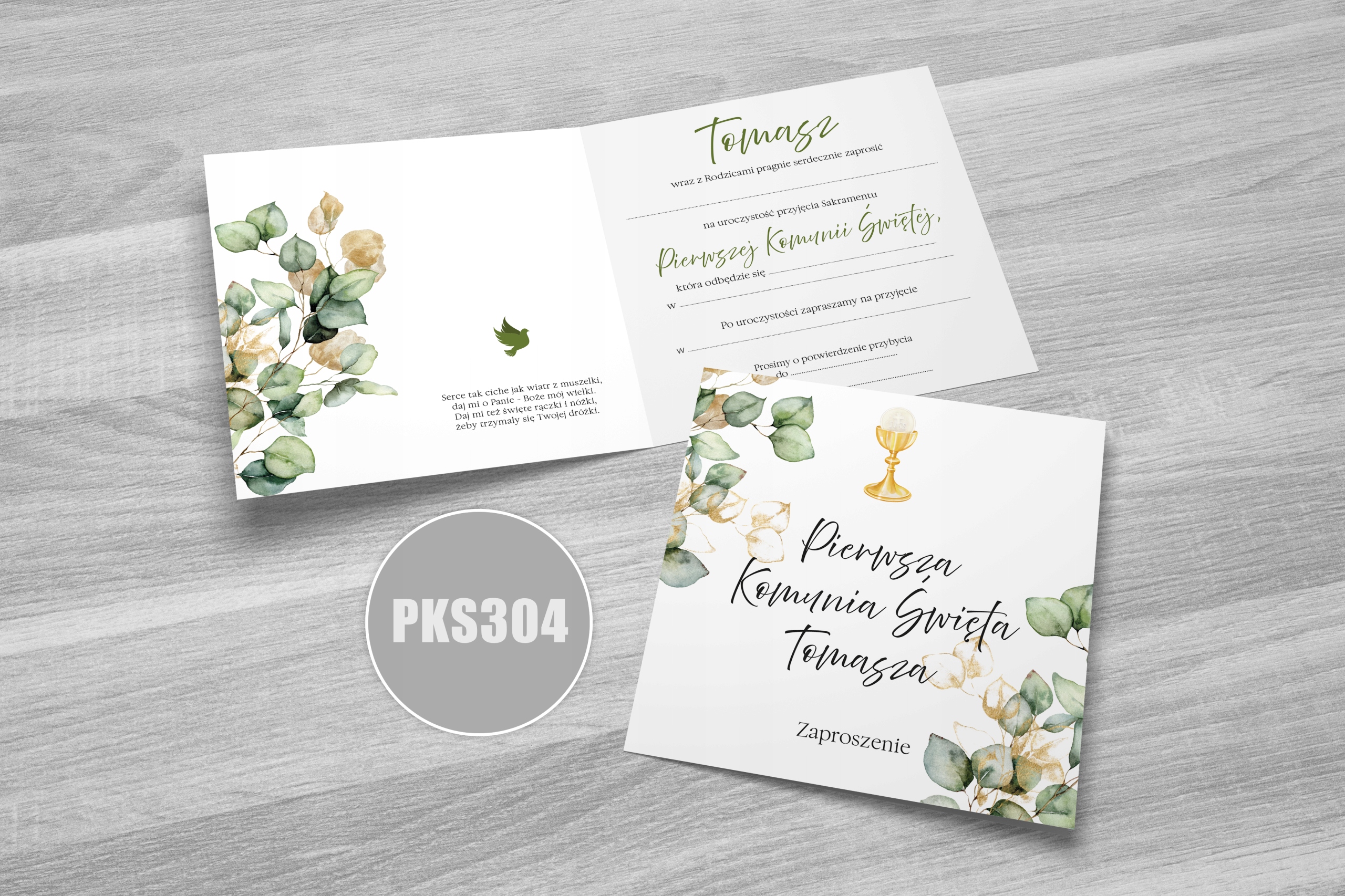 Zaproszenie na pierwszą komunię IMIĘ i KOPERTA Kolor zielony